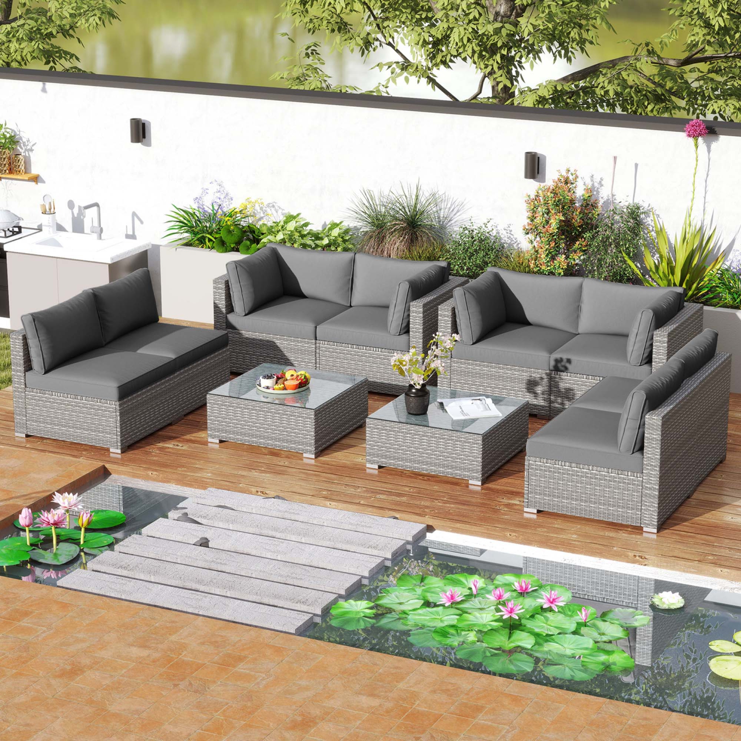 Costway 5/10 PCS Outdoor Patio Sectional Sofa Couch PE Rattan Conversation Set Black/Gray