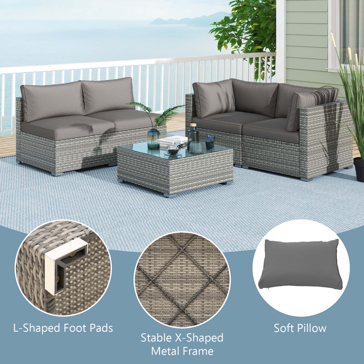 Costway 5/10 PCS Outdoor Patio Sectional Sofa Couch PE Rattan Conversation Set Black/Gray