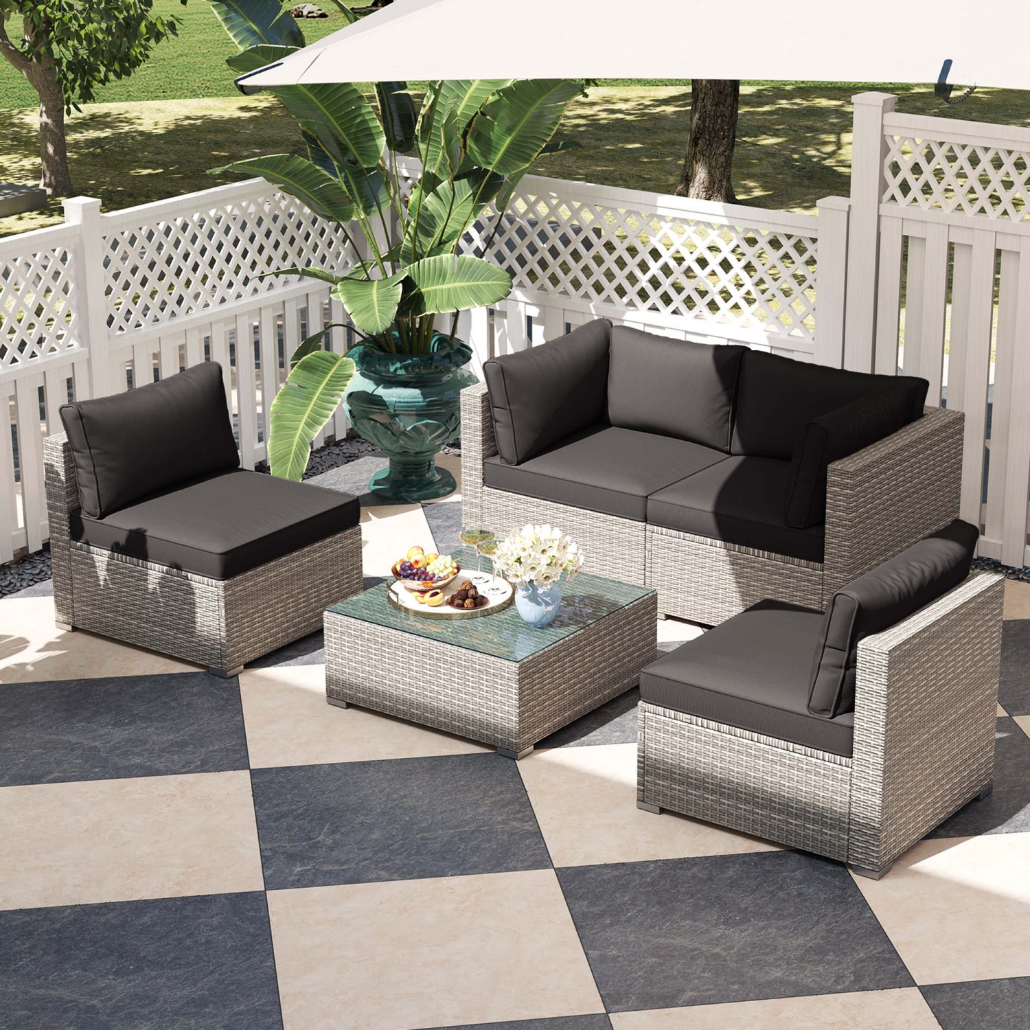 Ensemble de détente en rotin PE avec canapé modulaire extérieur 5/10 PCS de Costway noir/gris