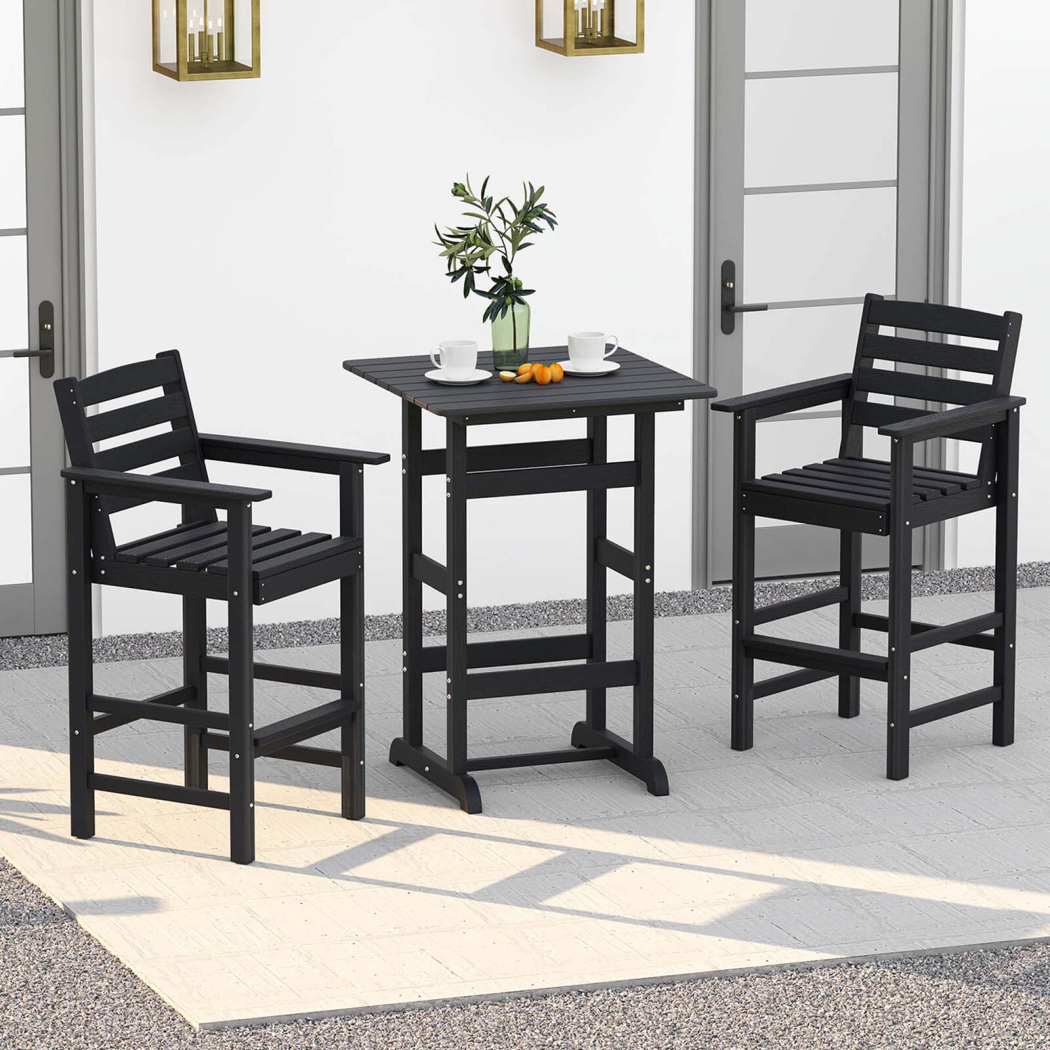Costway 3-Piece Patio HDPE Bar Set Armchairs withSquare High-Top Table Footrest & Backrest Navy/Gray/Brown/Black