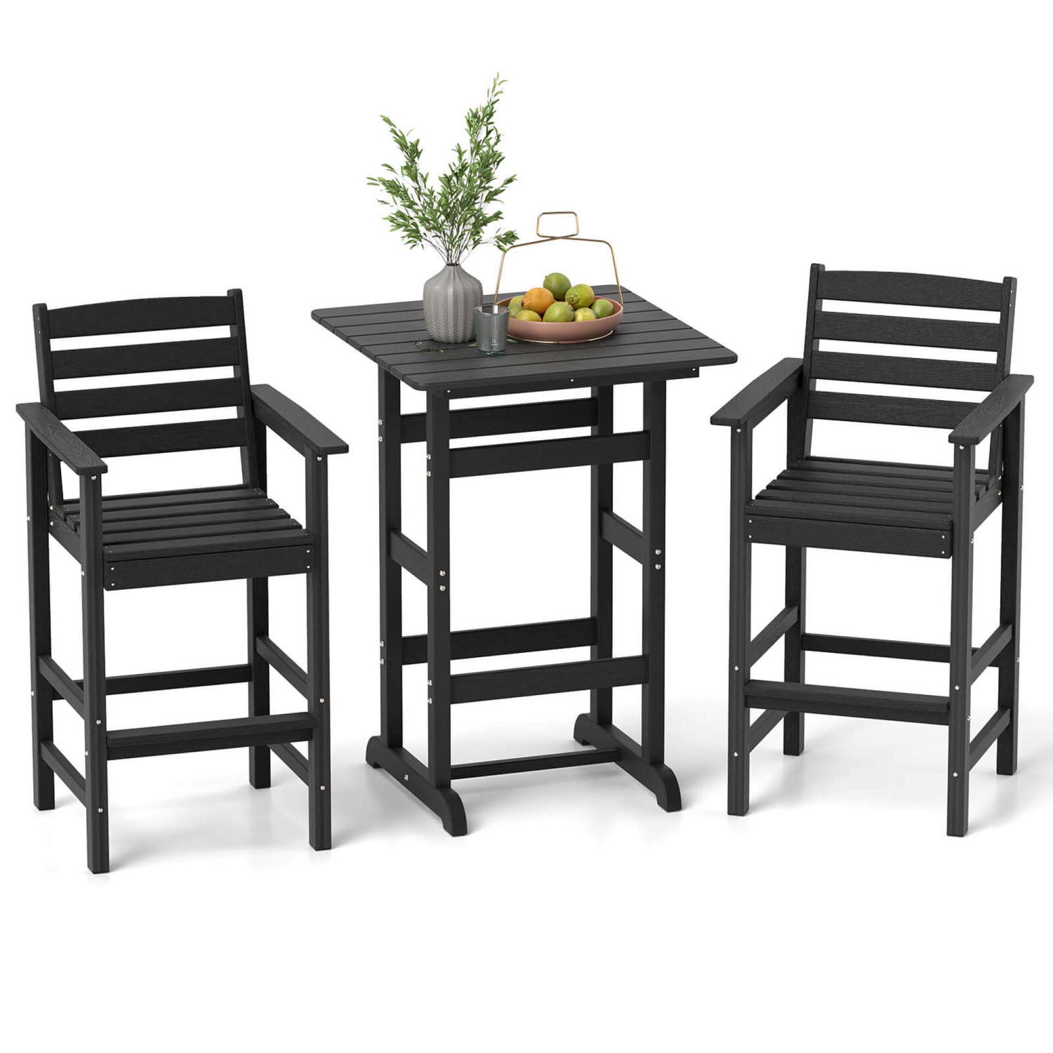 Costway 3-Piece Patio HDPE Bar Set Armchairs withSquare High-Top Table Footrest & Backrest Navy/Gray/Brown/Black