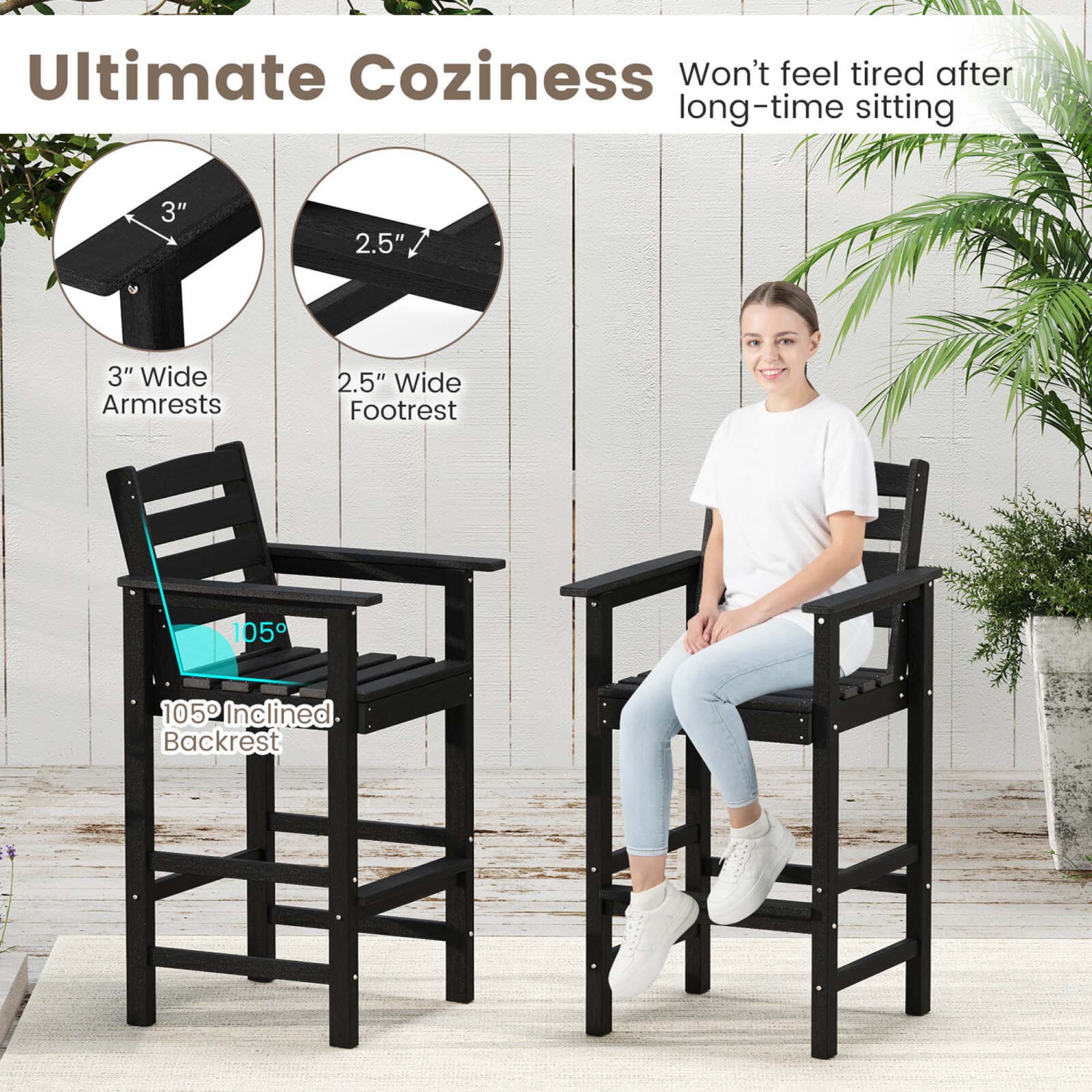 Costway 3-Piece Patio HDPE Bar Set Armchairs withSquare High-Top Table Footrest & Backrest Navy/Gray/Brown/Black