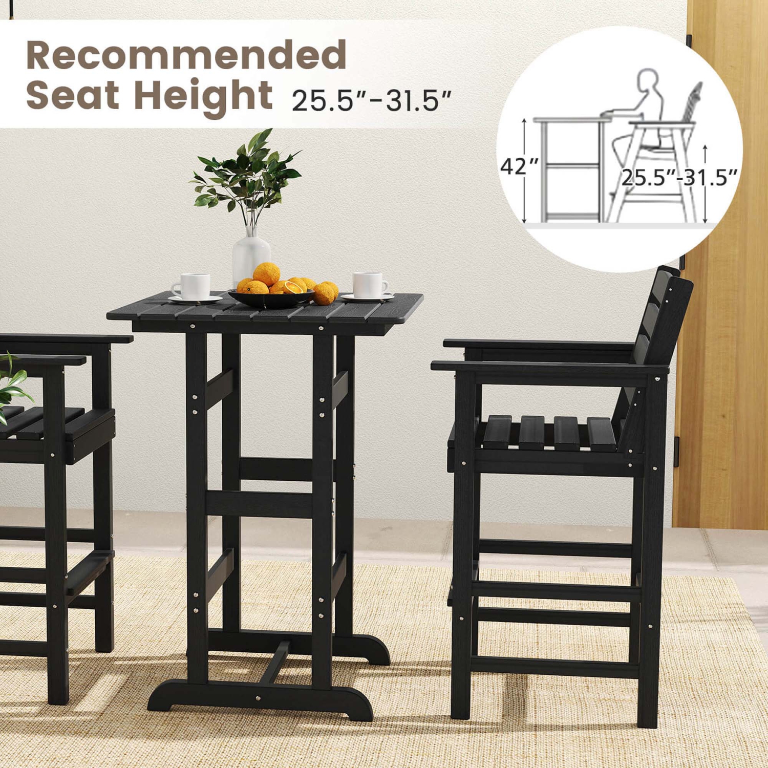 Costway 3-Piece Patio HDPE Bar Set Armchairs withSquare High-Top Table Footrest & Backrest Navy/Gray/Brown/Black