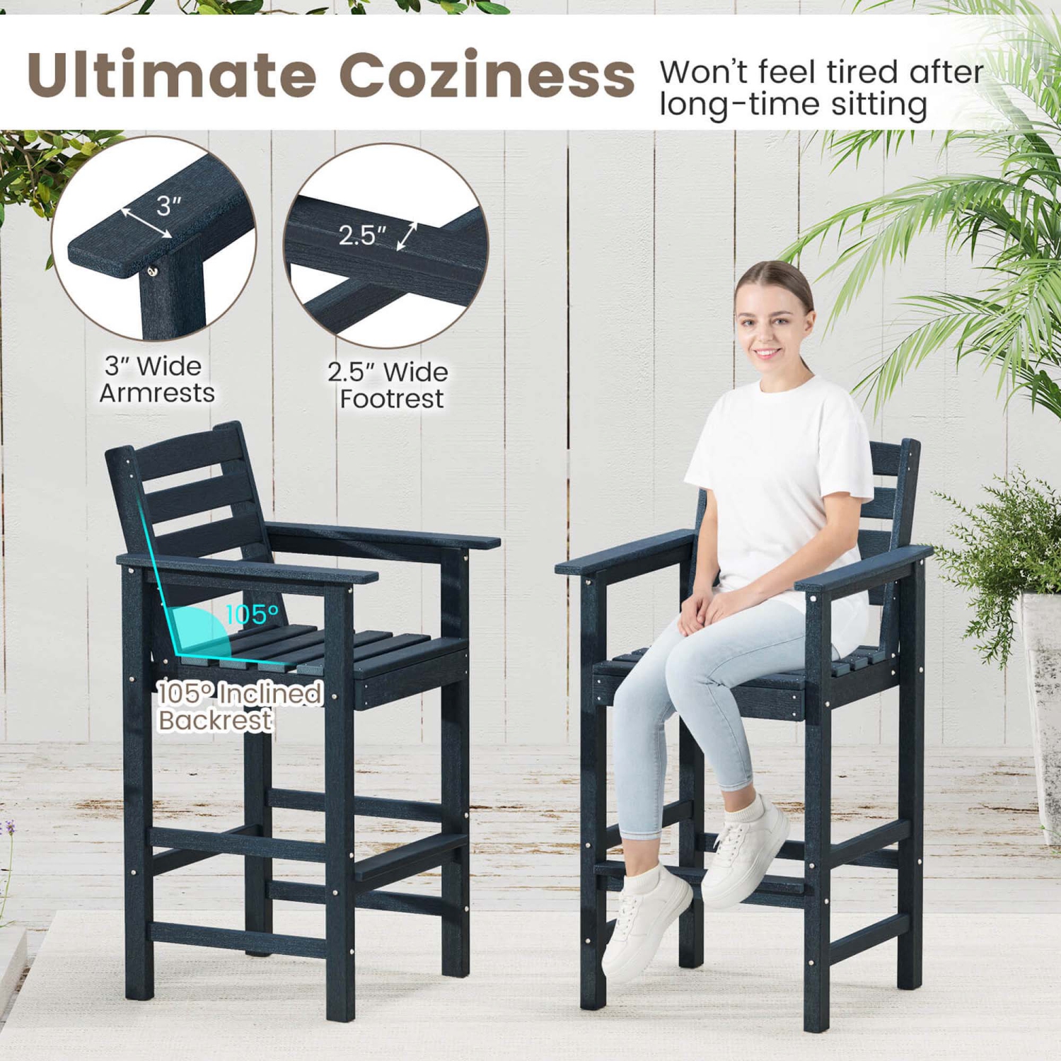 Ensemble patio 3 pièces Costway chaises bar en PEHD avec repose-pieds et dossier carrés, marine/gris/brun/noir