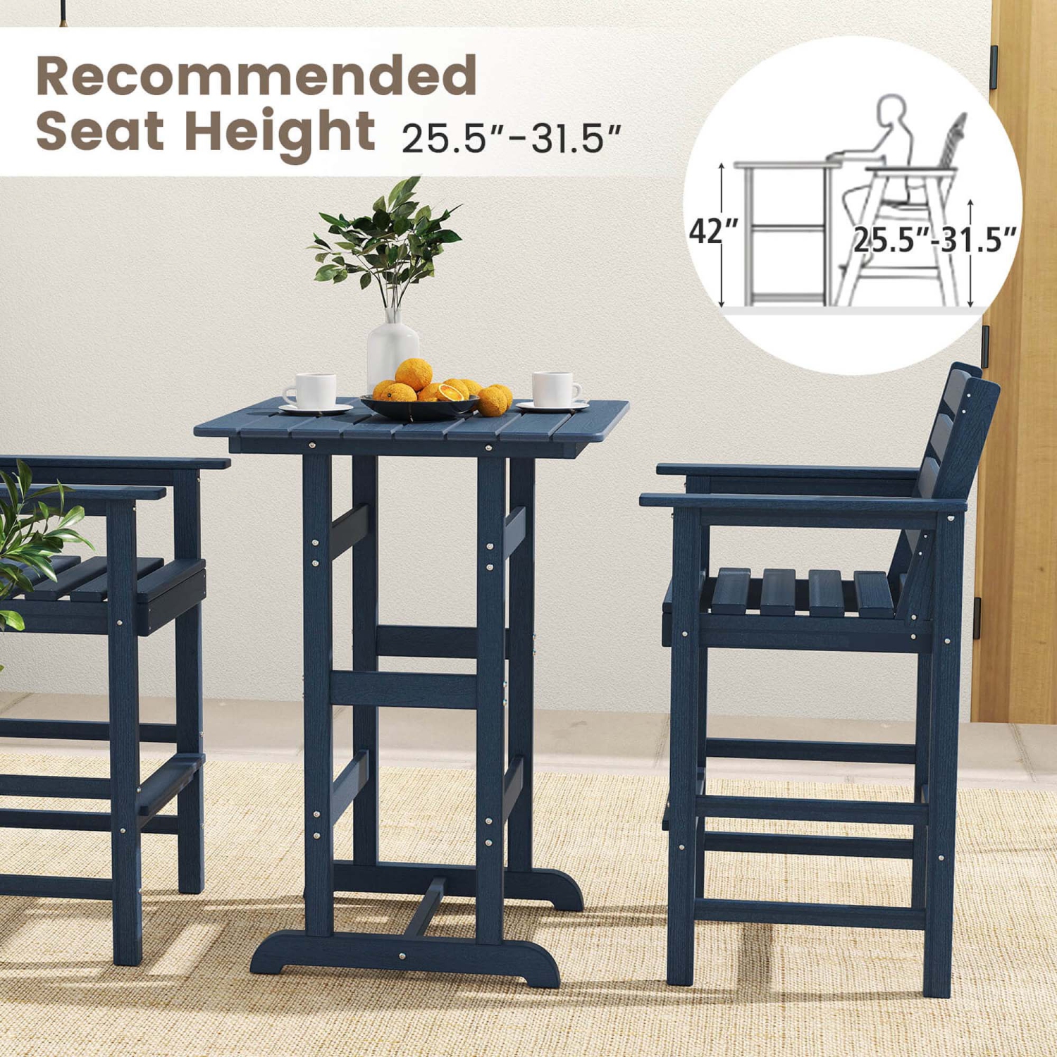 Ensemble patio 3 pièces Costway chaises bar en PEHD avec repose-pieds et dossier carrés, marine/gris/brun/noir