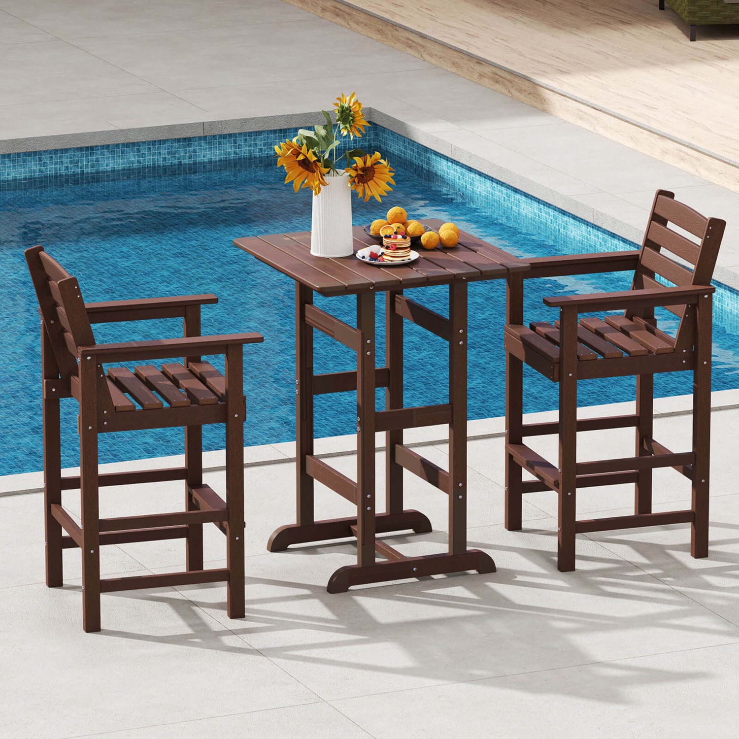 Costway 3-Piece Patio HDPE Bar Set Armchairs withSquare High-Top Table Footrest & Backrest Navy/Gray/Brown/Black
