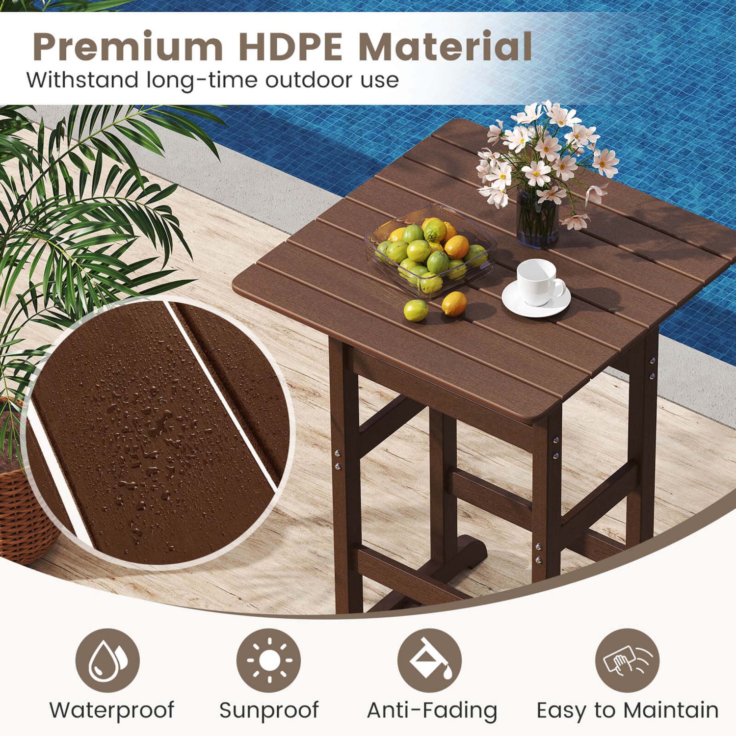 Costway 3-Piece Patio HDPE Bar Set Armchairs withSquare High-Top Table Footrest & Backrest Navy/Gray/Brown/Black