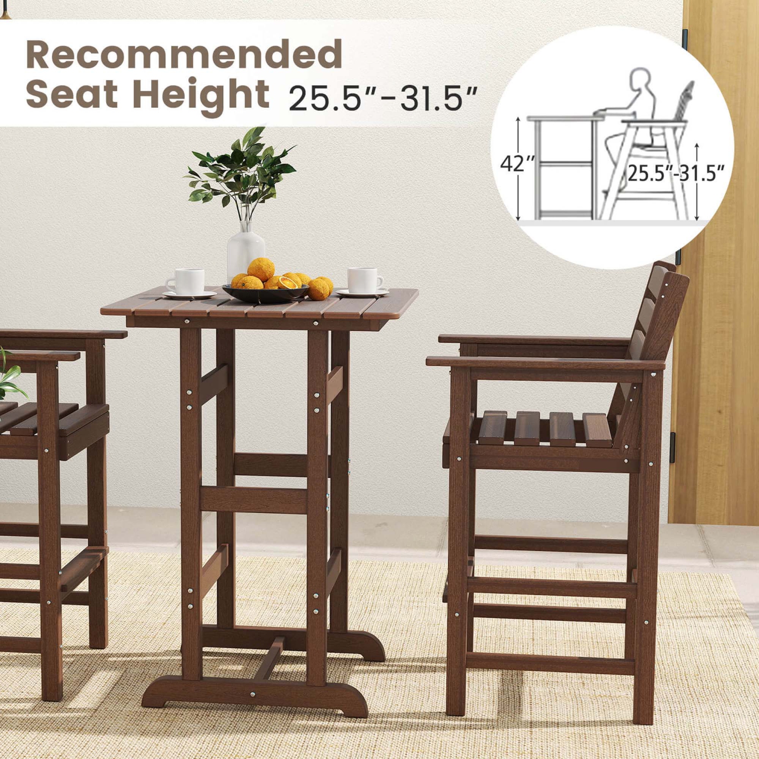 Costway 3-Piece Patio HDPE Bar Set Armchairs withSquare High-Top Table Footrest & Backrest Navy/Gray/Brown/Black