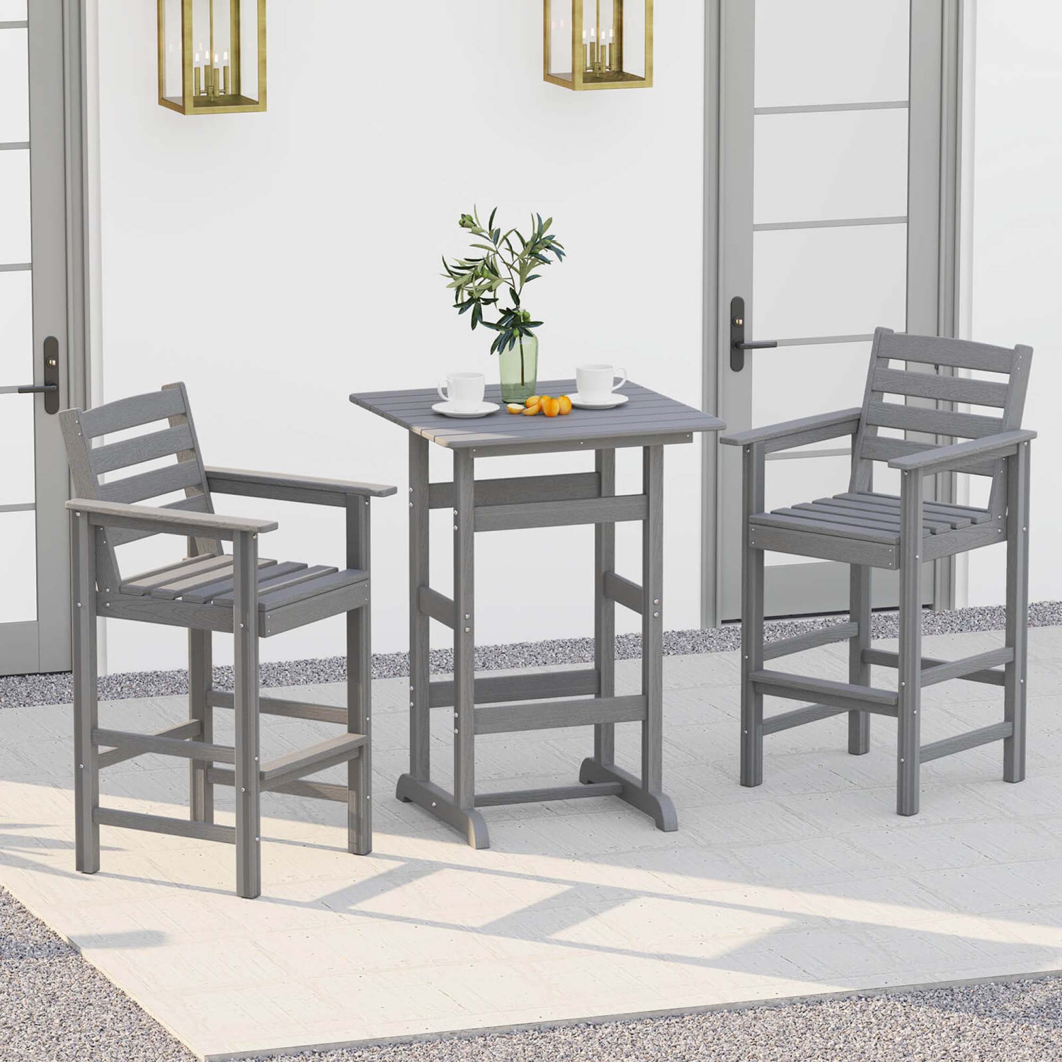 Costway 3-Piece Patio HDPE Bar Set Armchairs withSquare High-Top Table Footrest & Backrest Navy/Gray/Brown/Black
