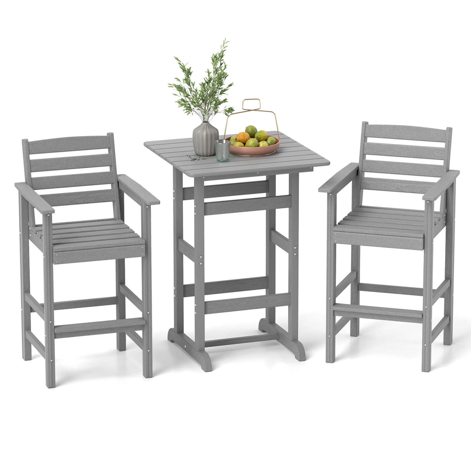 Costway 3-Piece Patio HDPE Bar Set Armchairs withSquare High-Top Table Footrest & Backrest Navy/Gray/Brown/Black