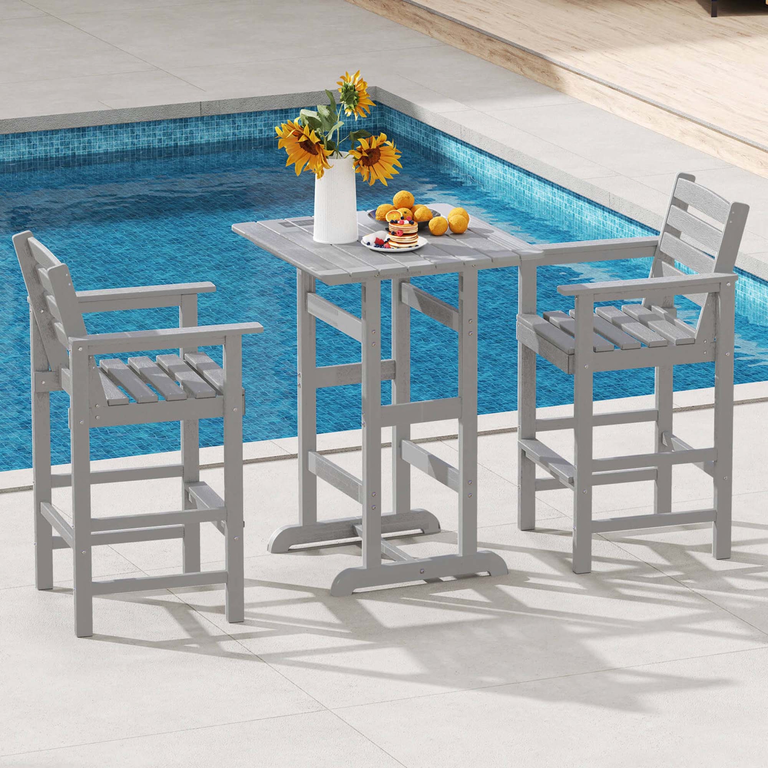 Costway 3-Piece Patio HDPE Bar Set Armchairs withSquare High-Top Table Footrest & Backrest Navy/Gray/Brown/Black