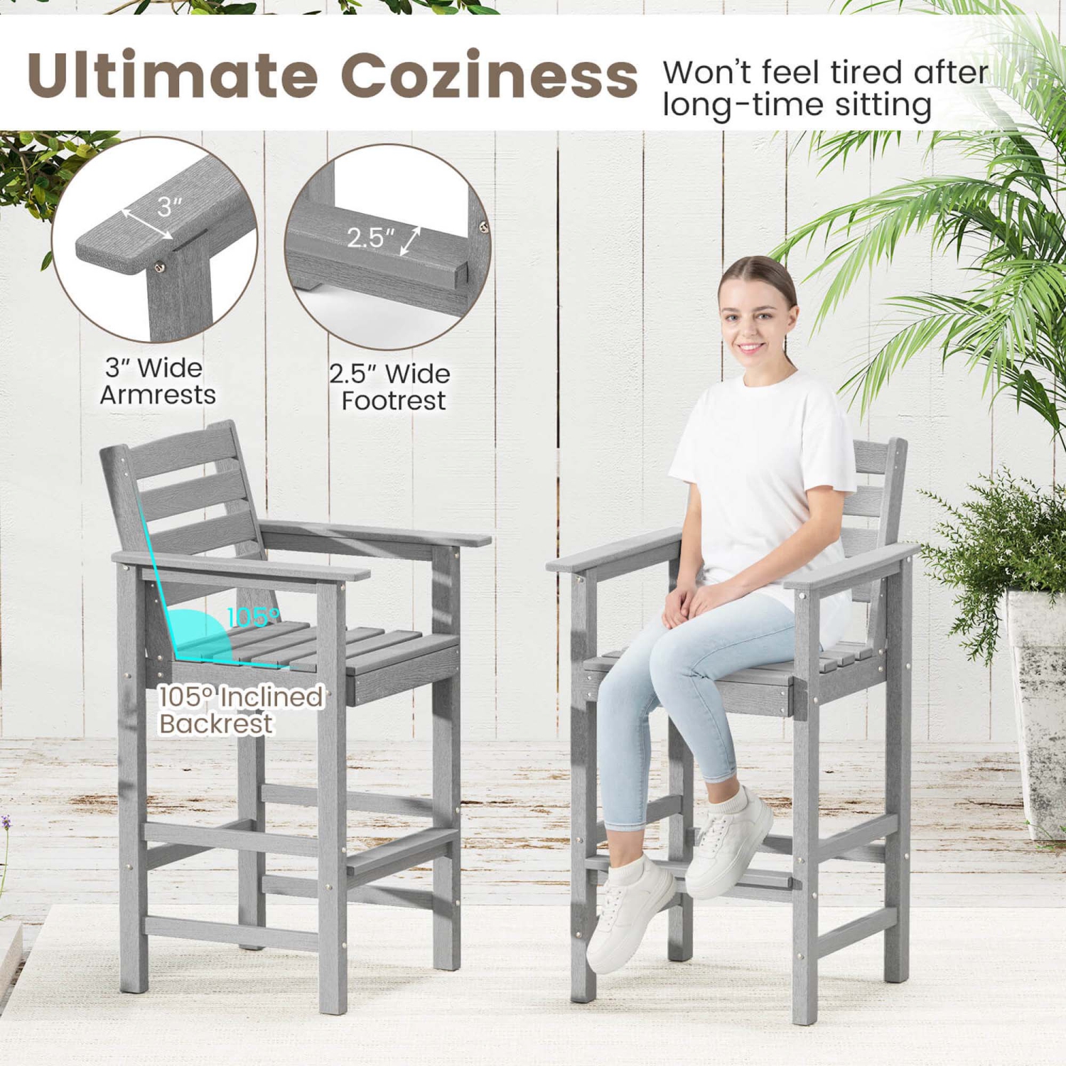 Costway 3-Piece Patio HDPE Bar Set Armchairs withSquare High-Top Table Footrest & Backrest Navy/Gray/Brown/Black