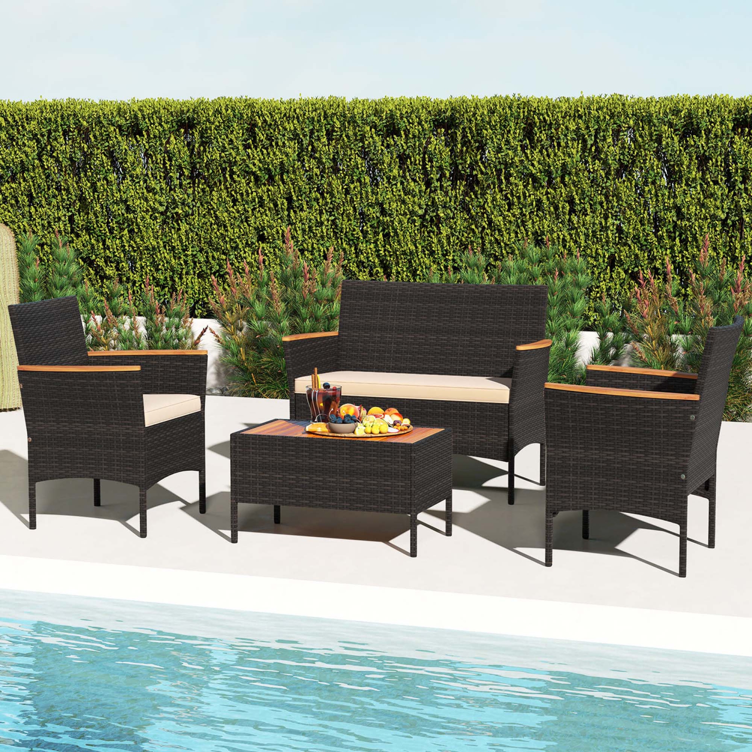 Costway 4 PCS Patio Wicker Sofa Set with Coffee Table Acacia Wood Armrests & Tabletop