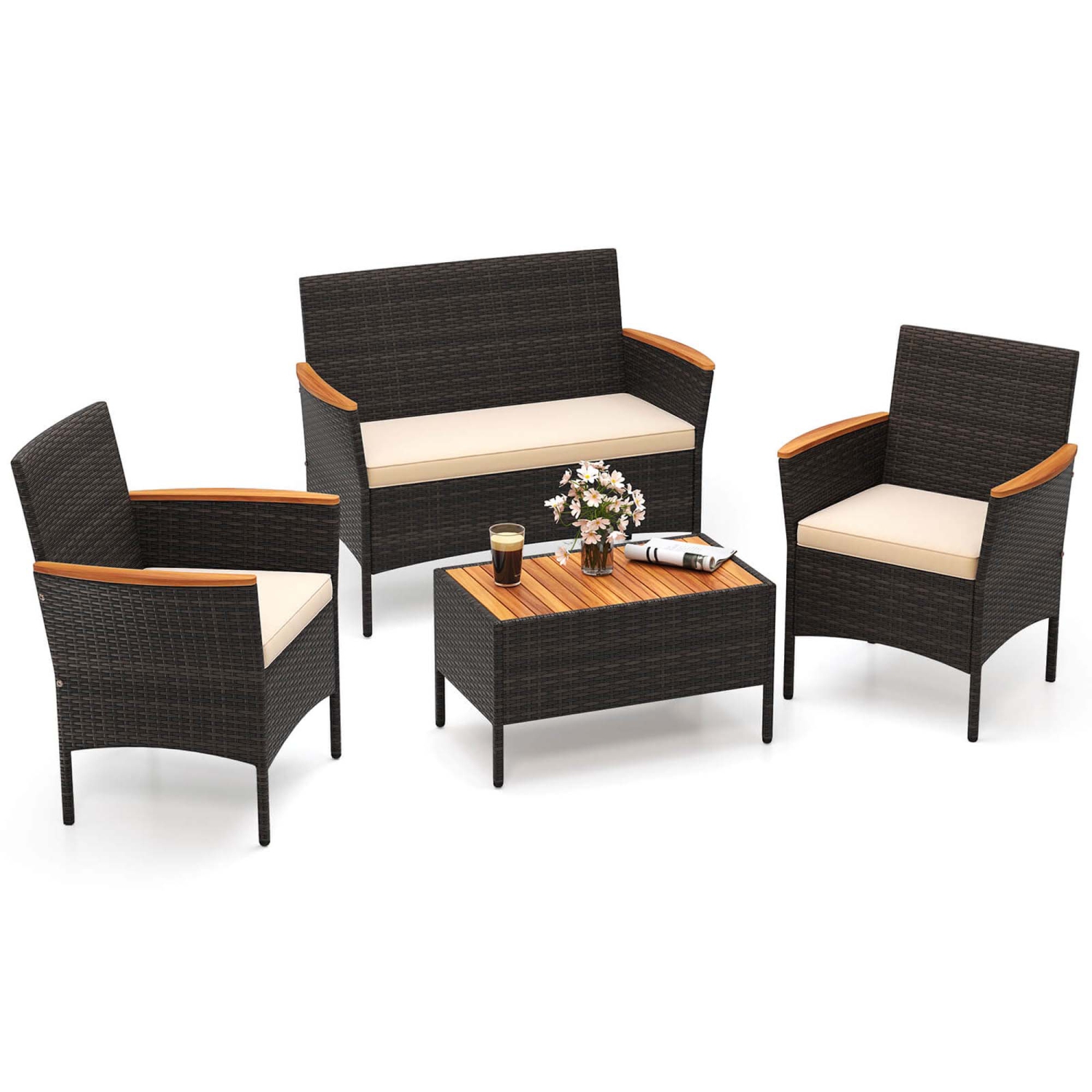 Costway 4 PCS Patio Wicker Sofa Set with Coffee Table Acacia Wood Armrests & Tabletop