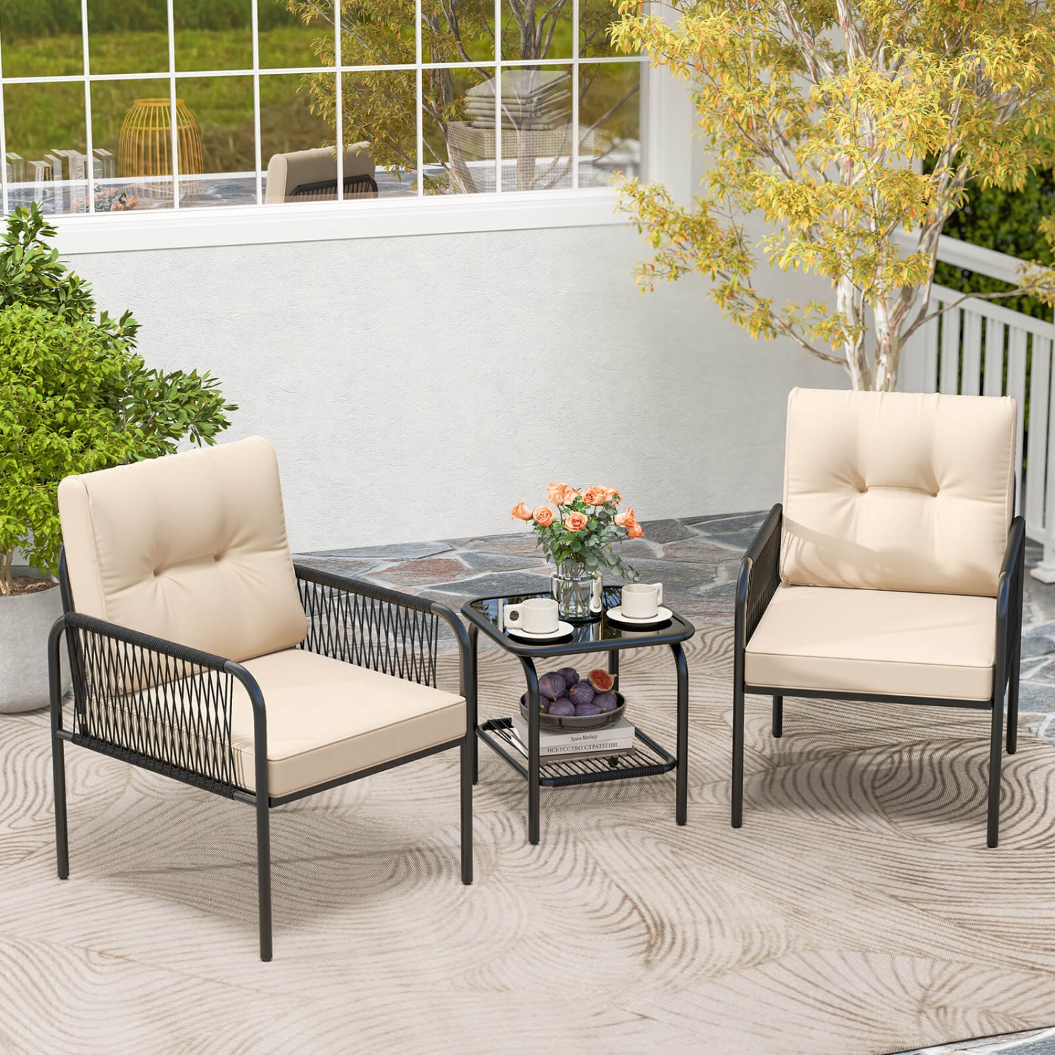 Costway 3 PCS Patio Bistro Set with Tempered Glass Table Chairs Back and Seat Cushions