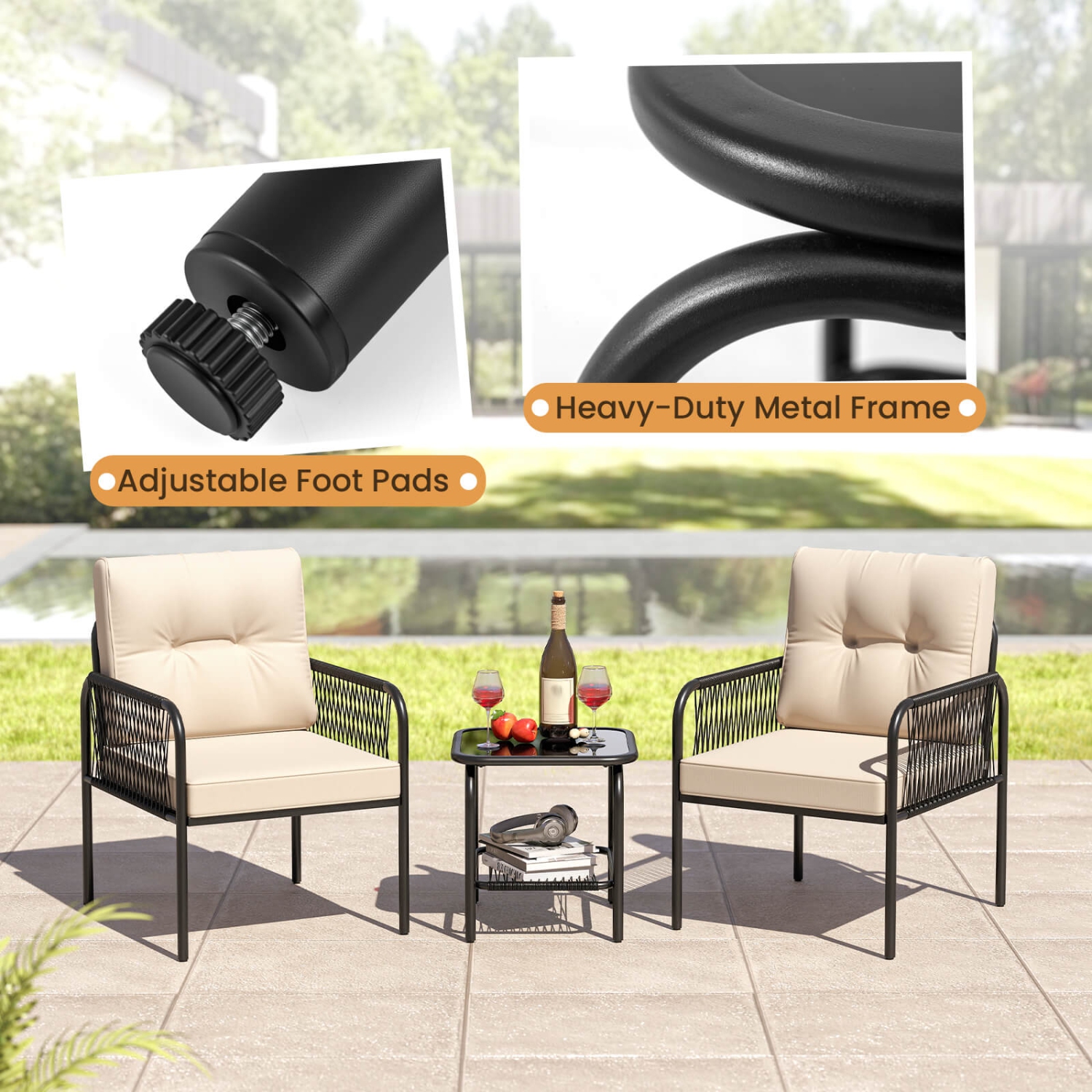 Costway 3 PCS Patio Bistro Set with Tempered Glass Table Chairs Back and Seat Cushions