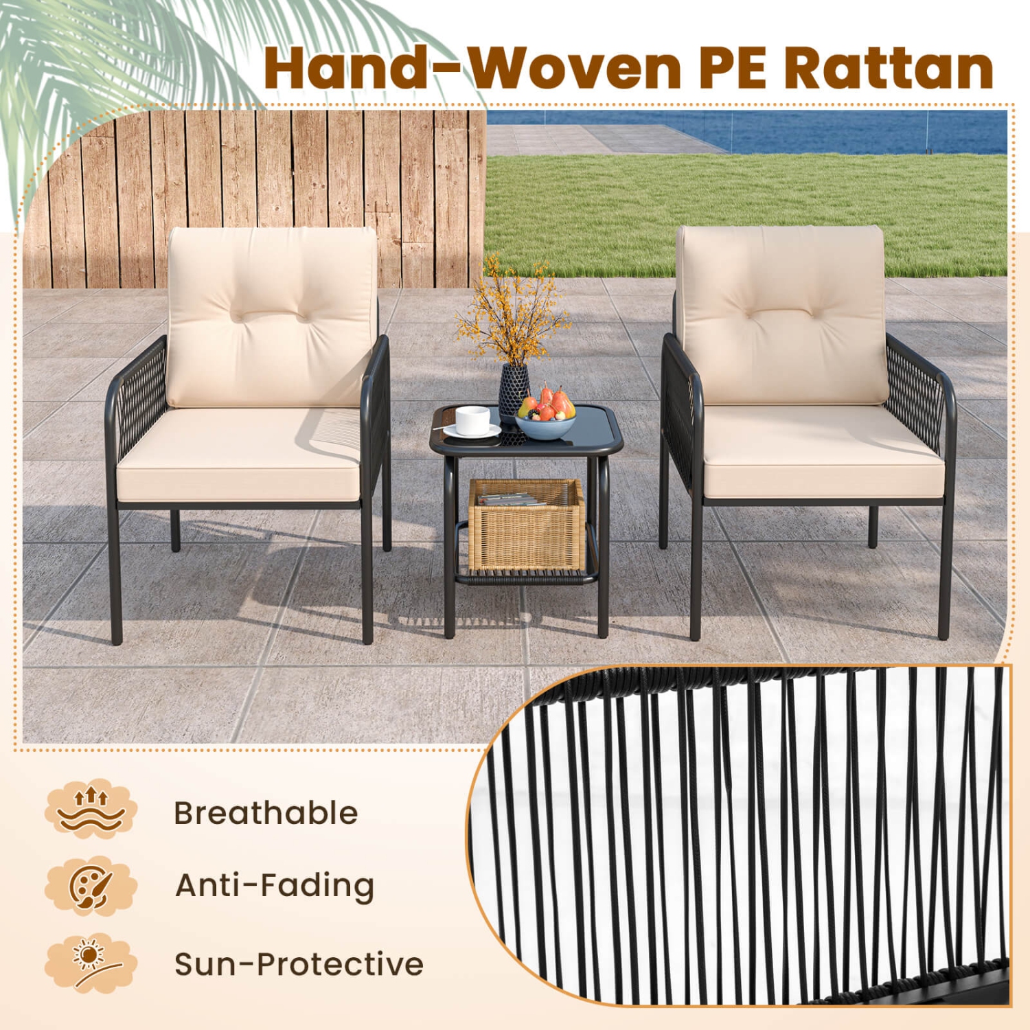 Costway 3 PCS Patio Bistro Set with Tempered Glass Table Chairs Back and Seat Cushions