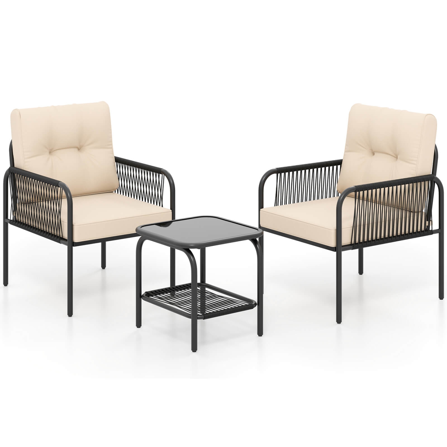 Costway 3 PCS Patio Bistro Set with Tempered Glass Table Chairs Back and Seat Cushions