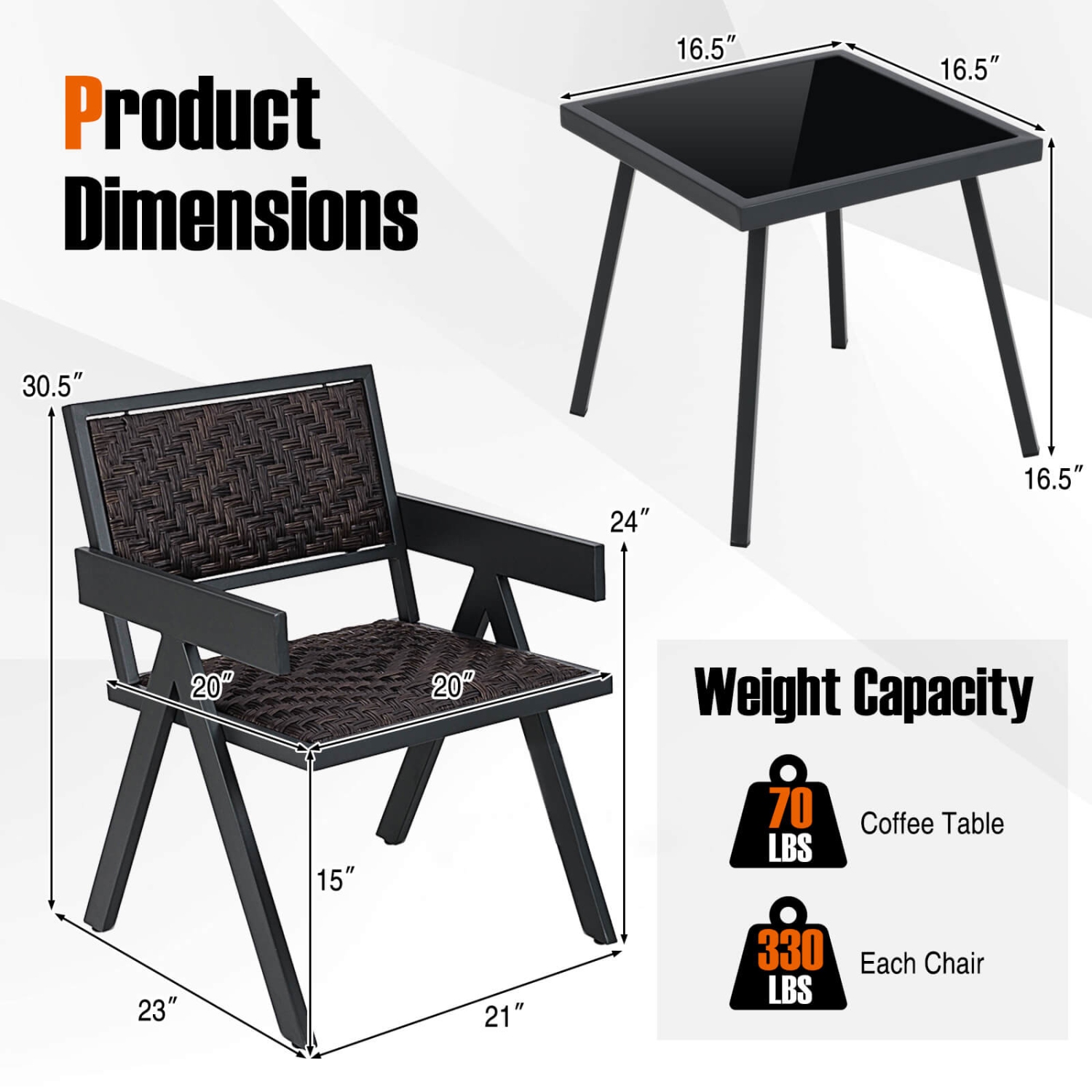 Ensemble de chaises de patio en osier 3 PCS de Costway, ensemble de meubles en rotin avec rembourrage en mousse à séchage rapide