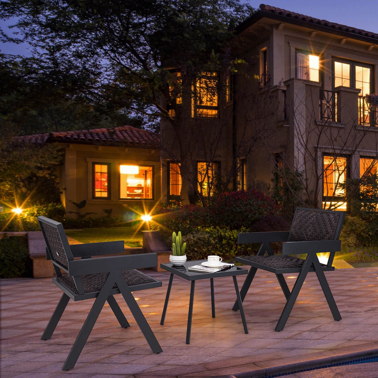 Ensemble de chaises de patio en osier 3 PCS de Costway, ensemble de meubles en rotin avec rembourrage en mousse à séchage rapide