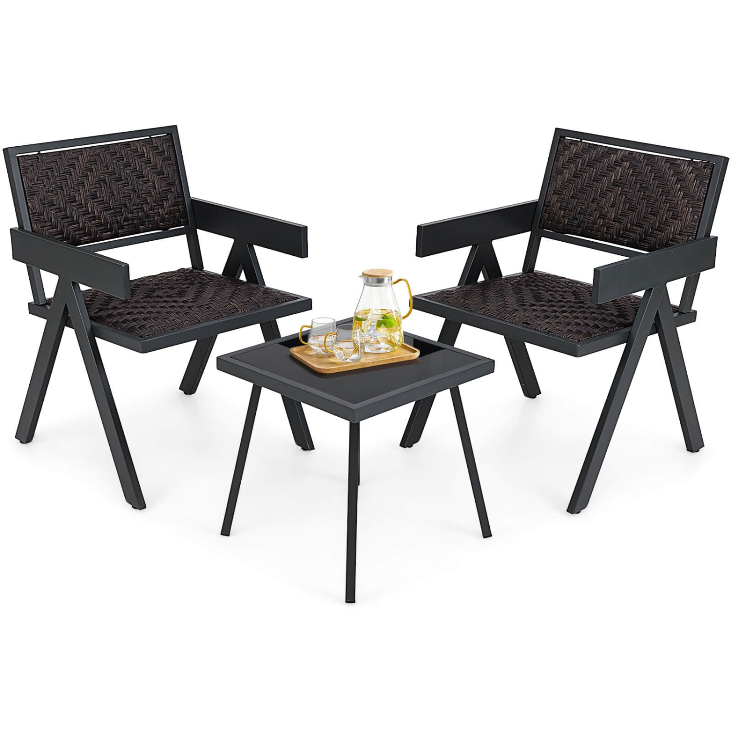 Ensemble de chaises de patio en osier 3 PCS de Costway, ensemble de meubles en rotin avec rembourrage en mousse à séchage rapide