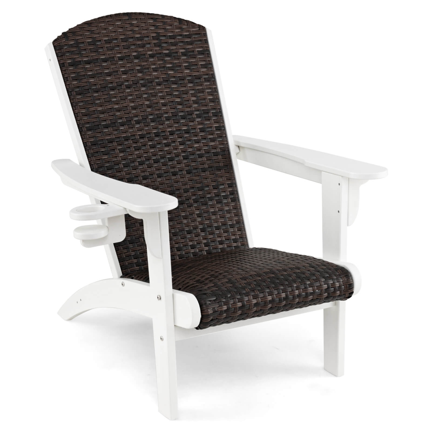 Costway Patio Adirondack Chair with Rattan Padded Seat Wide Armrests & Hidden Cupholder