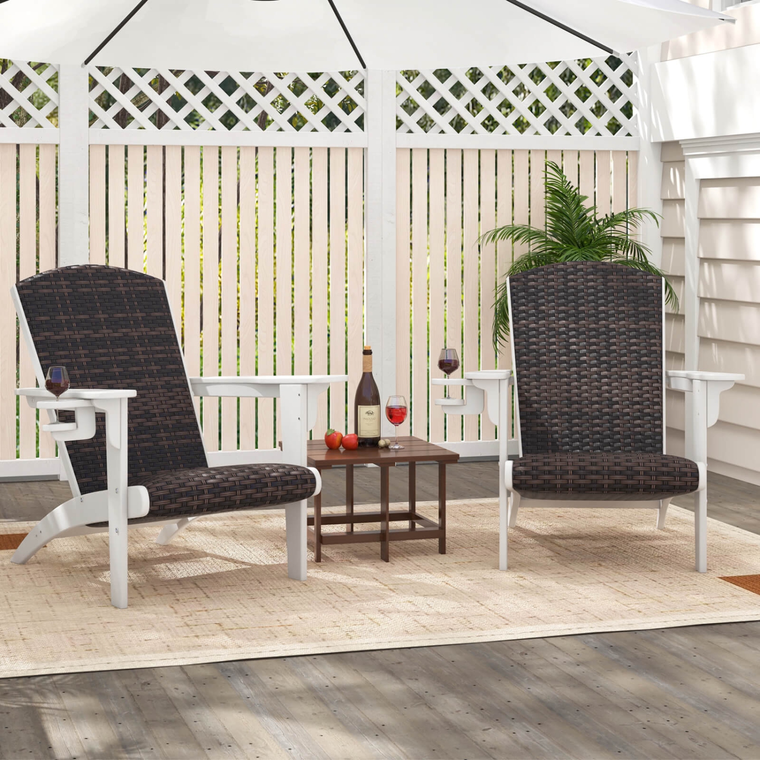 Costway Patio Adirondack Chair with Rattan Padded Seat Wide Armrests & Hidden Cupholder