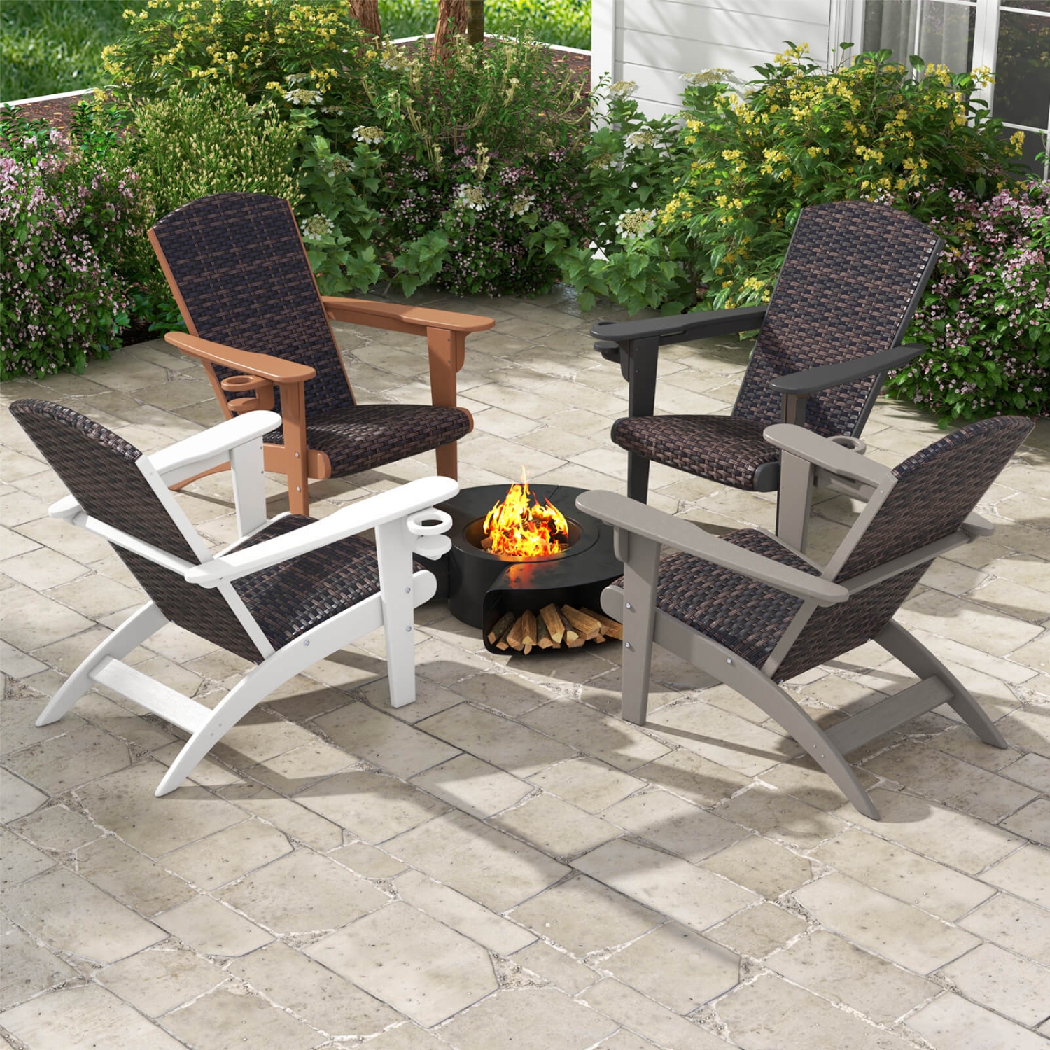 Costway Patio Adirondack Chair with Rattan Padded Seat Wide Armrests & Hidden Cupholder