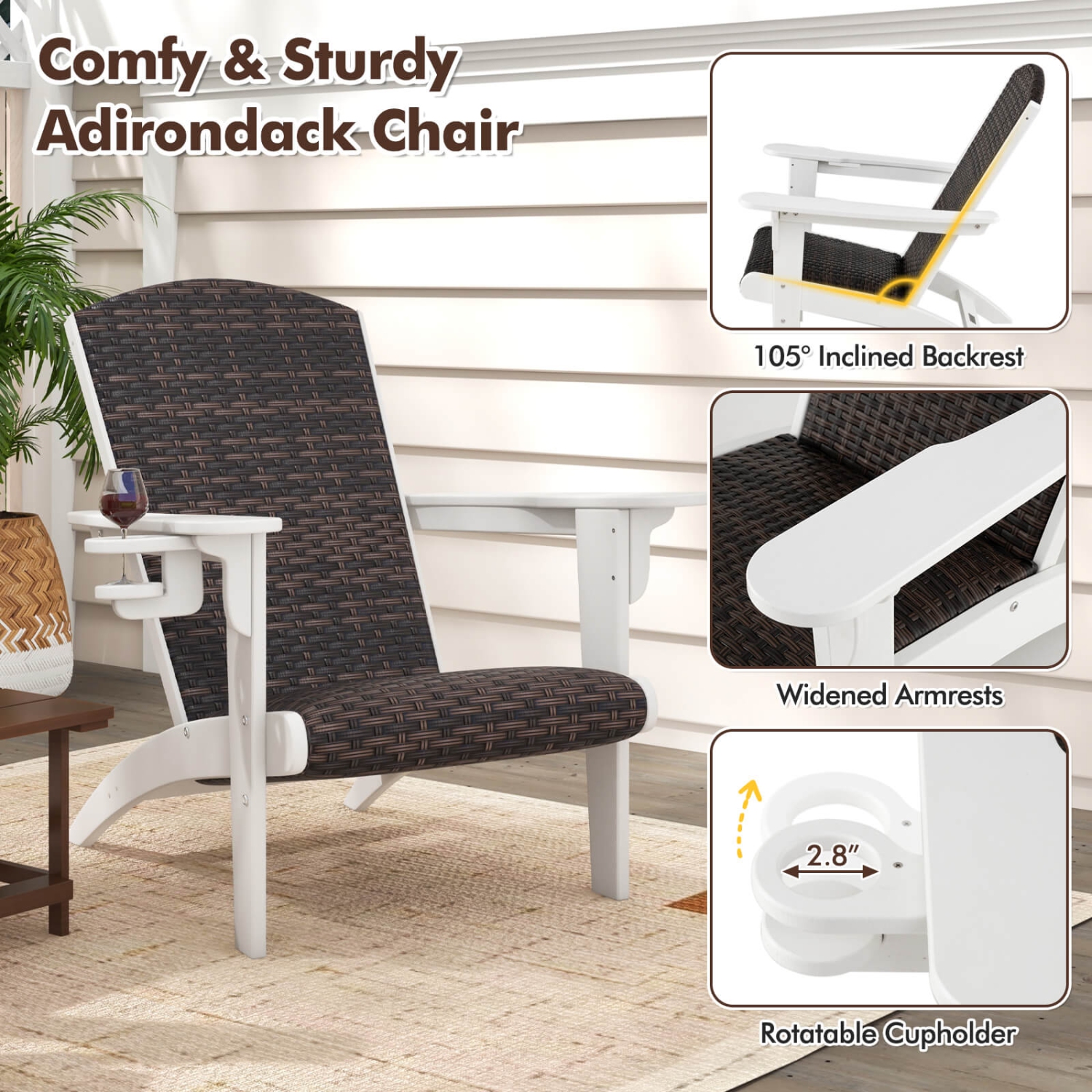 Costway Patio Adirondack Chair with Rattan Padded Seat Wide Armrests & Hidden Cupholder