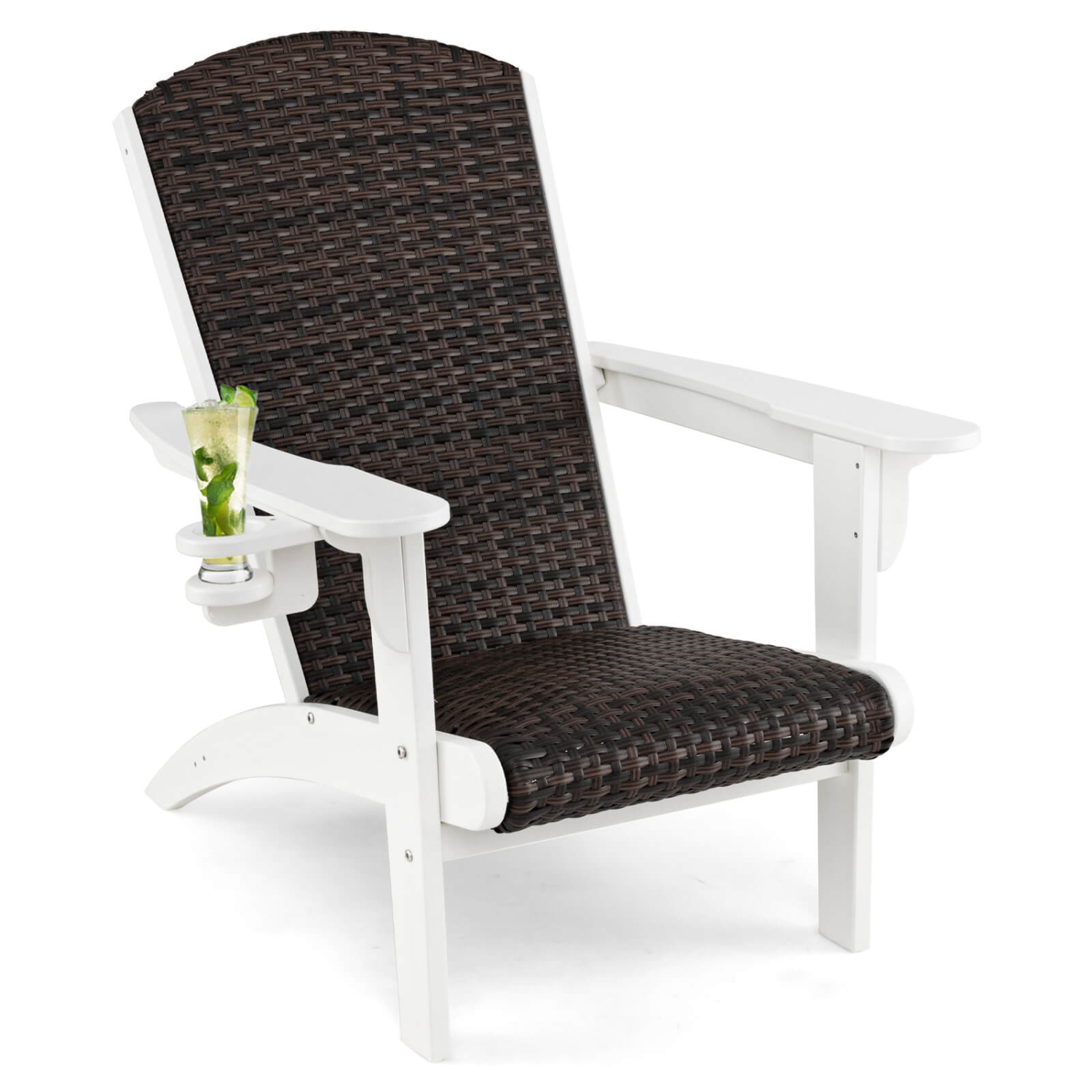 Costway Patio Adirondack Chair with Rattan Padded Seat Wide Armrests & Hidden Cupholder
