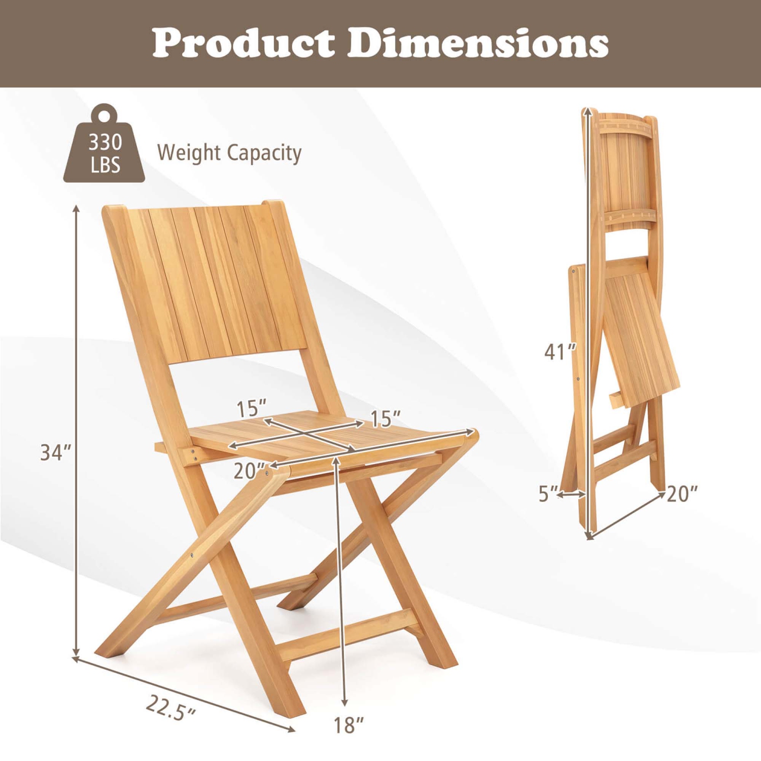 Costway 2/4 PCS Folding Patio Chairs with Inclined Backrest Teak Wood Outdoor Dining Chairs