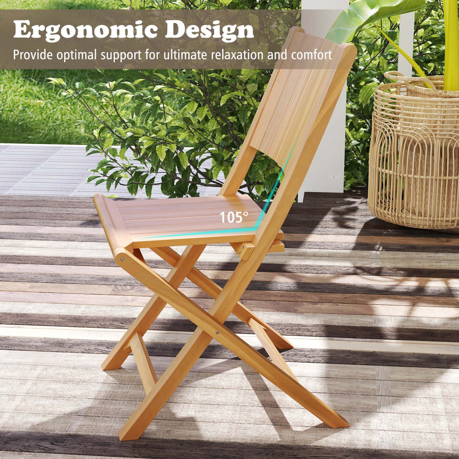 Costway 2/4 PCS Folding Patio Chairs with Inclined Backrest Teak Wood Outdoor Dining Chairs