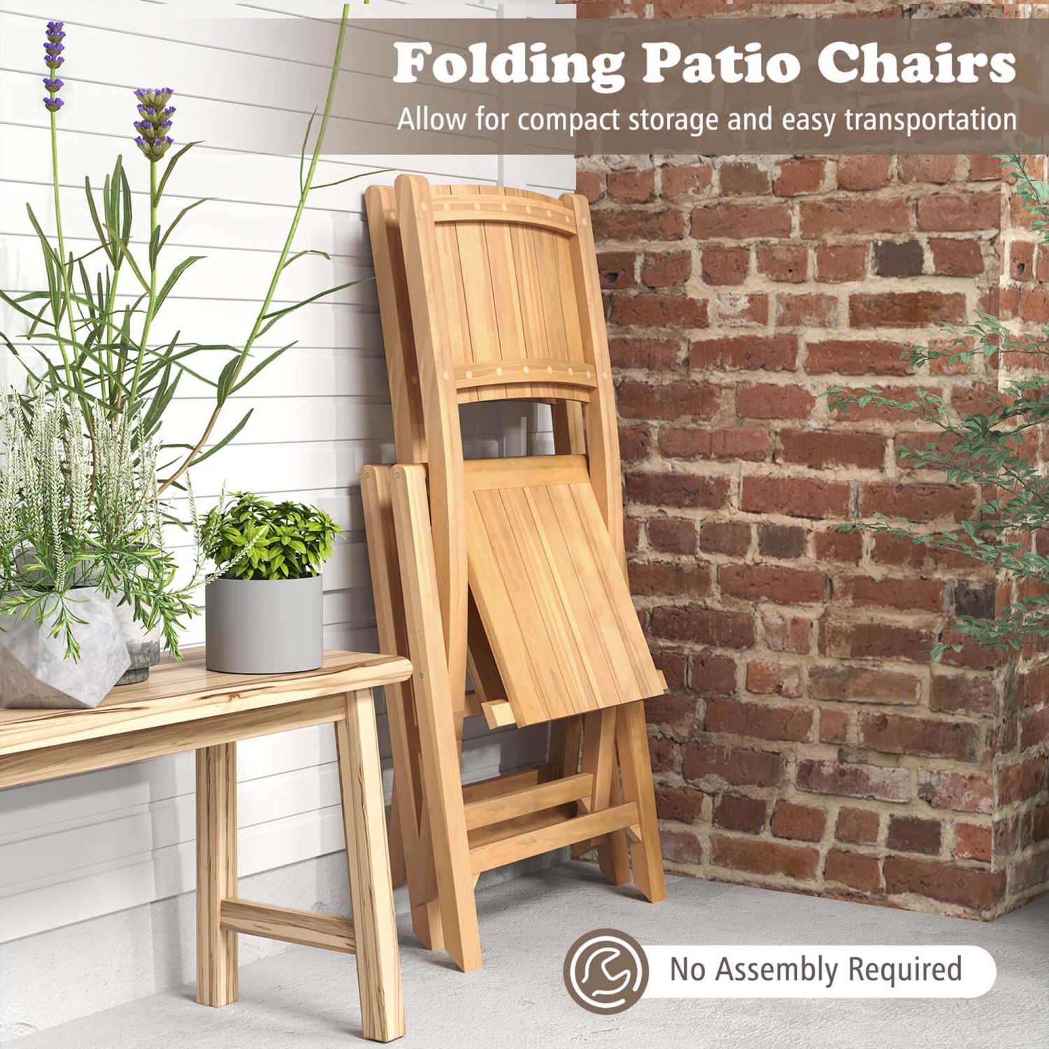 Costway 2/4 PCS Folding Patio Chairs with Inclined Backrest Teak Wood Outdoor Dining Chairs