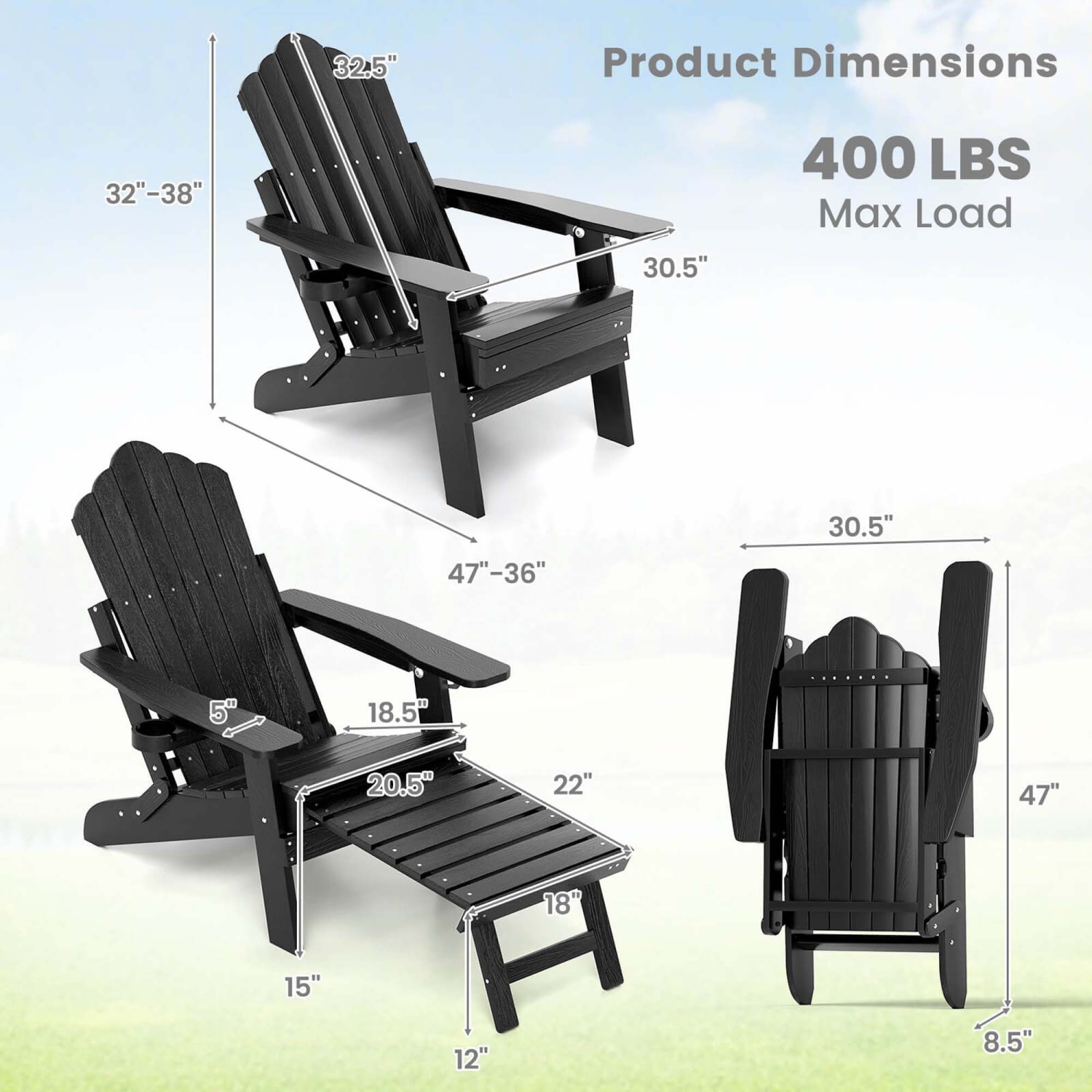 Costway Patio Adirondack Chair All-Weather HIPS Lounge Chair with Retractable Footrest Black/Brown/Gray/Navy