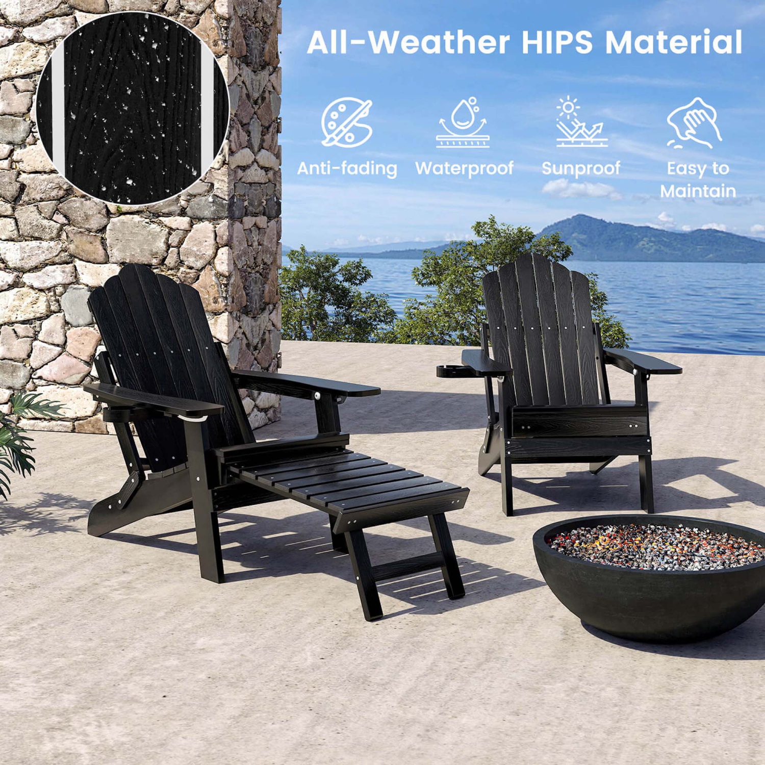 Costway Patio Adirondack Chair All-Weather HIPS Lounge Chair with Retractable Footrest Black/Brown/Gray/Navy