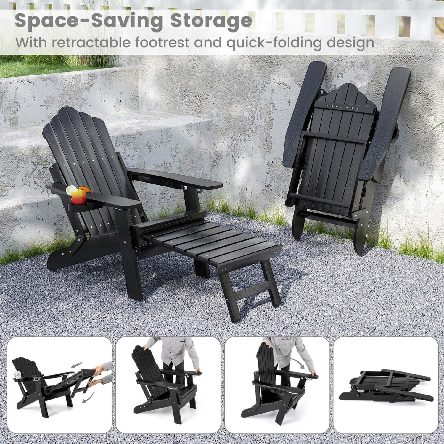 Costway Patio Adirondack Chair All-Weather HIPS Lounge Chair with Retractable Footrest Black/Brown/Gray/Navy