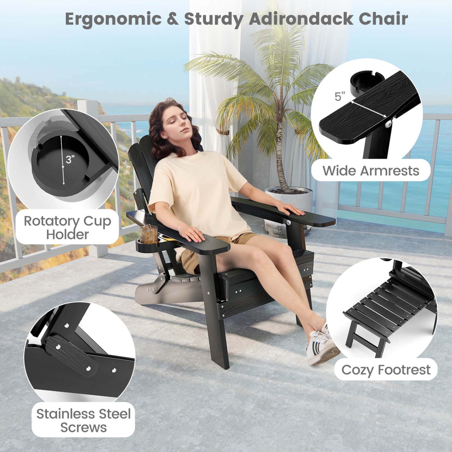 Costway Patio Adirondack Chair All-Weather HIPS Lounge Chair with Retractable Footrest Black/Brown/Gray/Navy