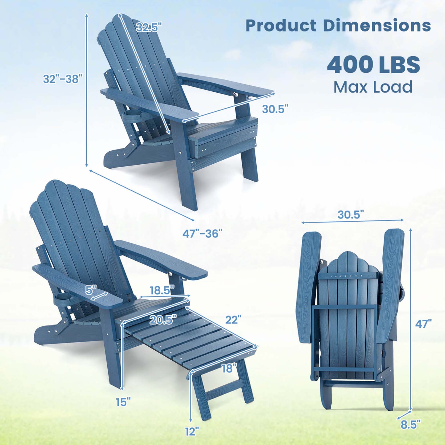 Costway Patio Adirondack Chair All-Weather HIPS Lounge Chair with Retractable Footrest Black/Brown/Gray/Navy