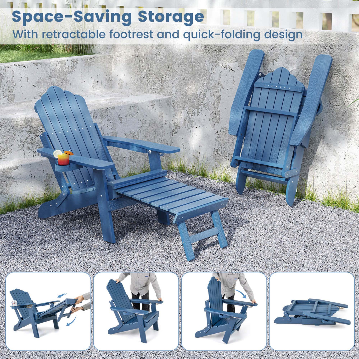 Costway Patio Adirondack Chair All-Weather HIPS Lounge Chair with Retractable Footrest Black/Brown/Gray/Navy