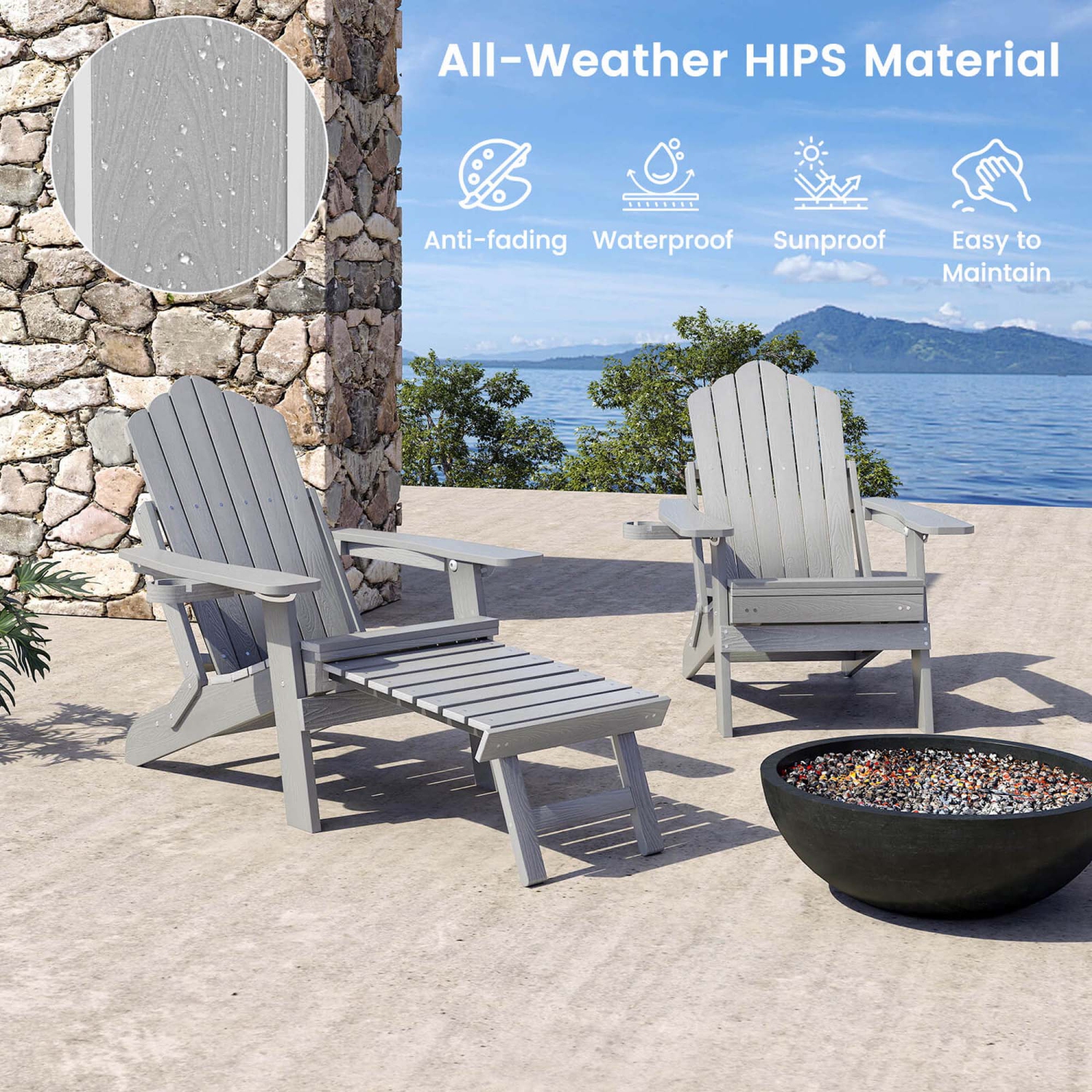 Costway Patio Adirondack Chair All-Weather HIPS Lounge Chair with Retractable Footrest Black/Brown/Gray/Navy