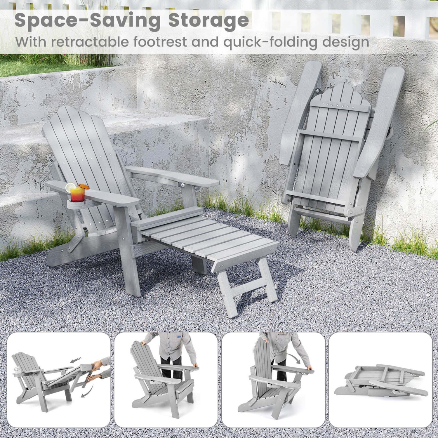 Costway Patio Adirondack Chair All-Weather HIPS Lounge Chair with Retractable Footrest Black/Brown/Gray/Navy