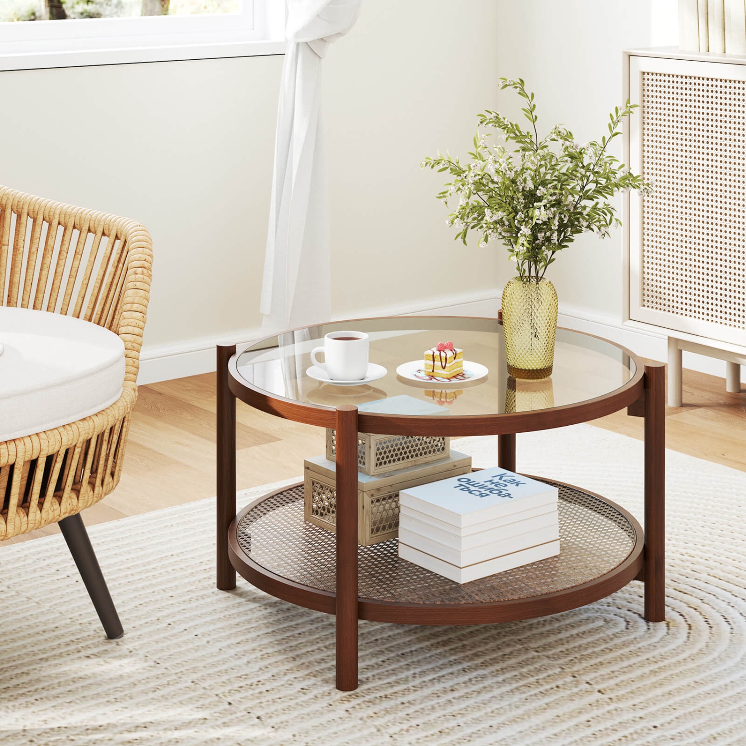 Costway Wooden 31" Round Coffee Table with Tempered Glass Top Handmade Rattan Shelf