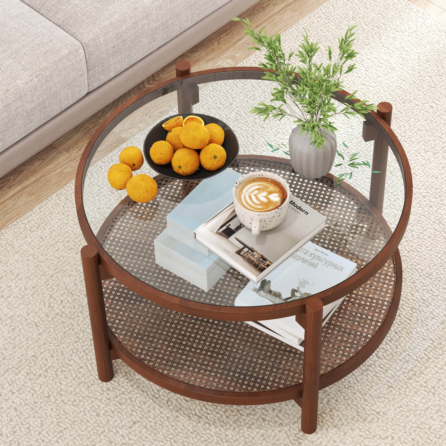 Costway Wooden 31" Round Coffee Table with Tempered Glass Top Handmade Rattan Shelf
