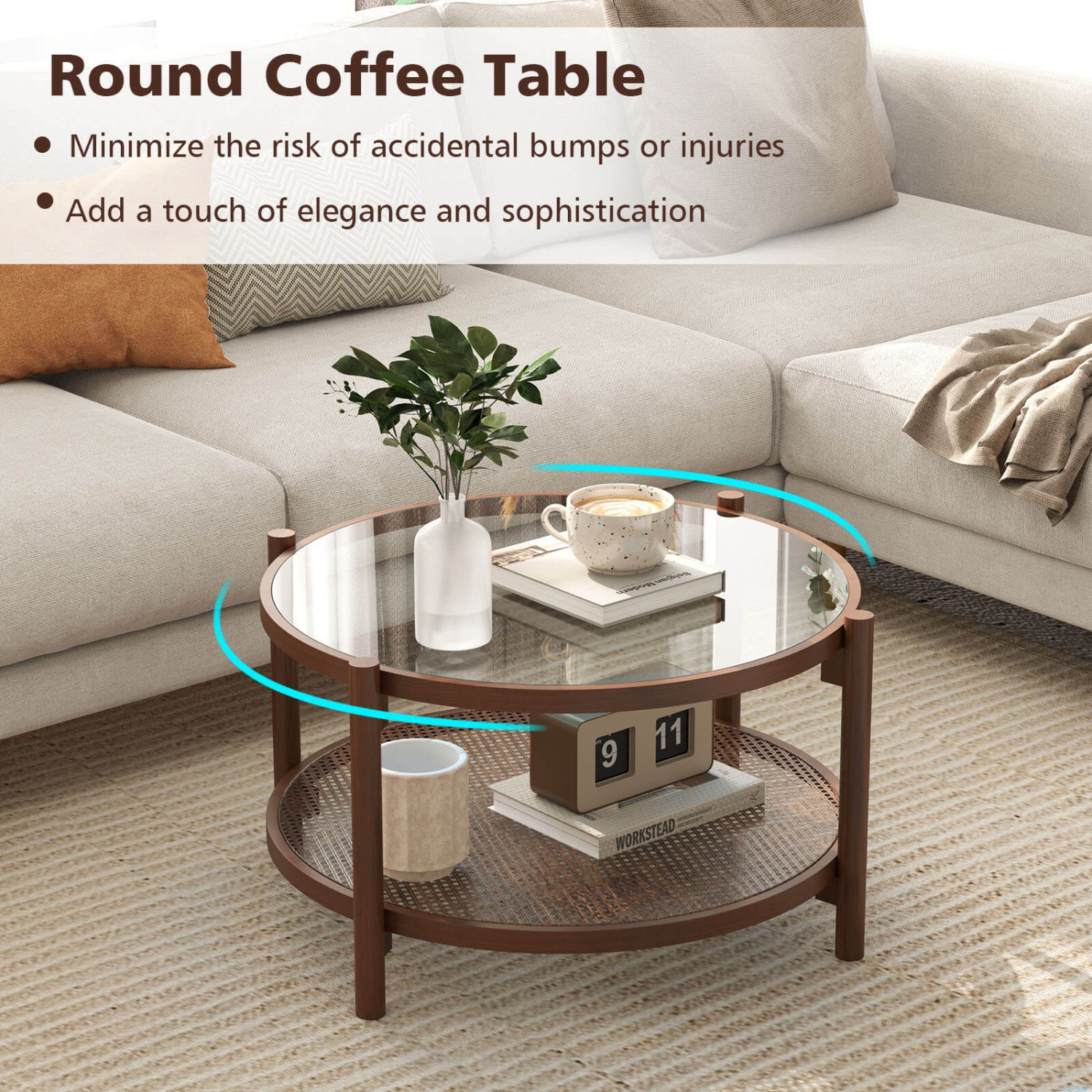 Costway Wooden 31" Round Coffee Table with Tempered Glass Top Handmade Rattan Shelf