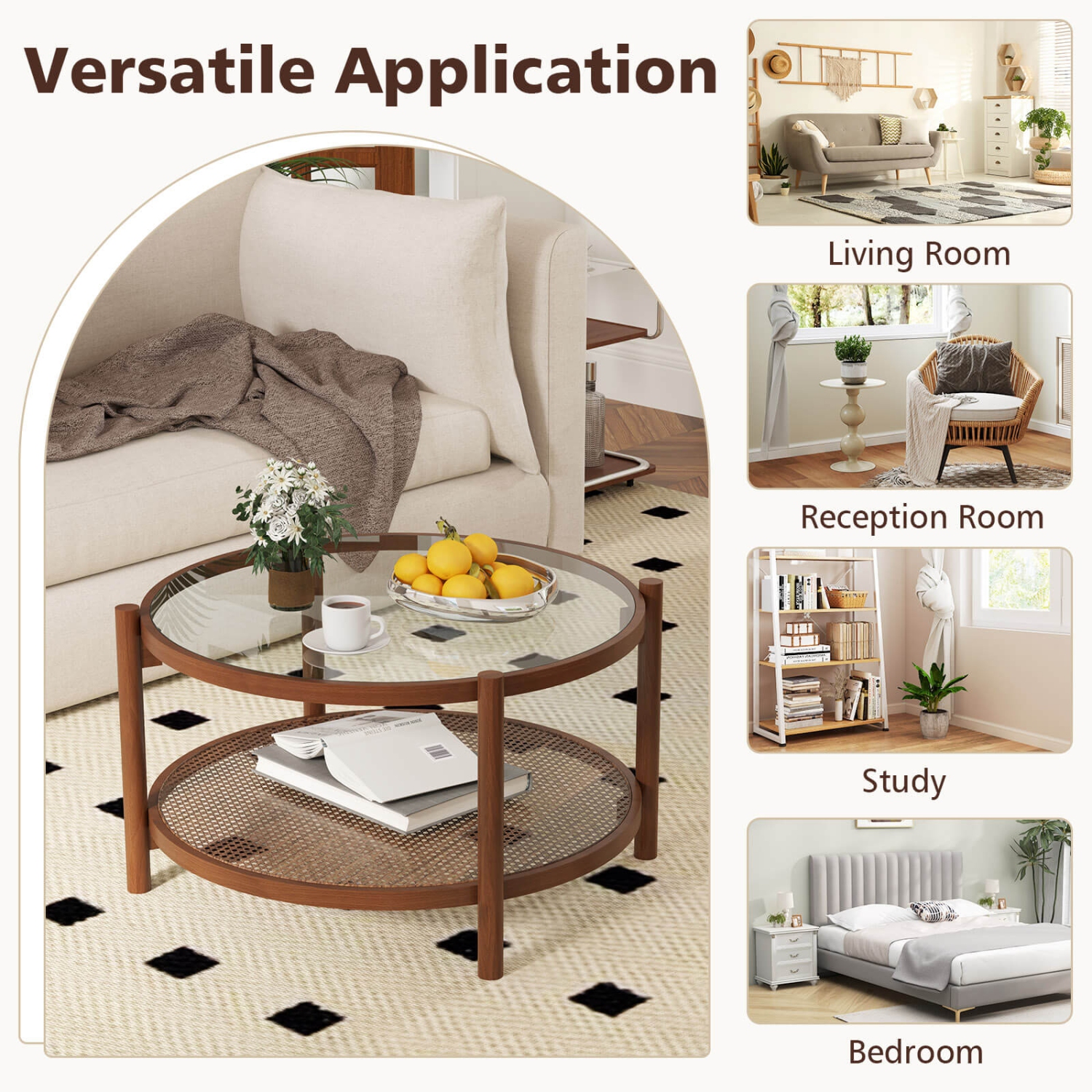 Costway Wooden 31" Round Coffee Table with Tempered Glass Top Handmade Rattan Shelf