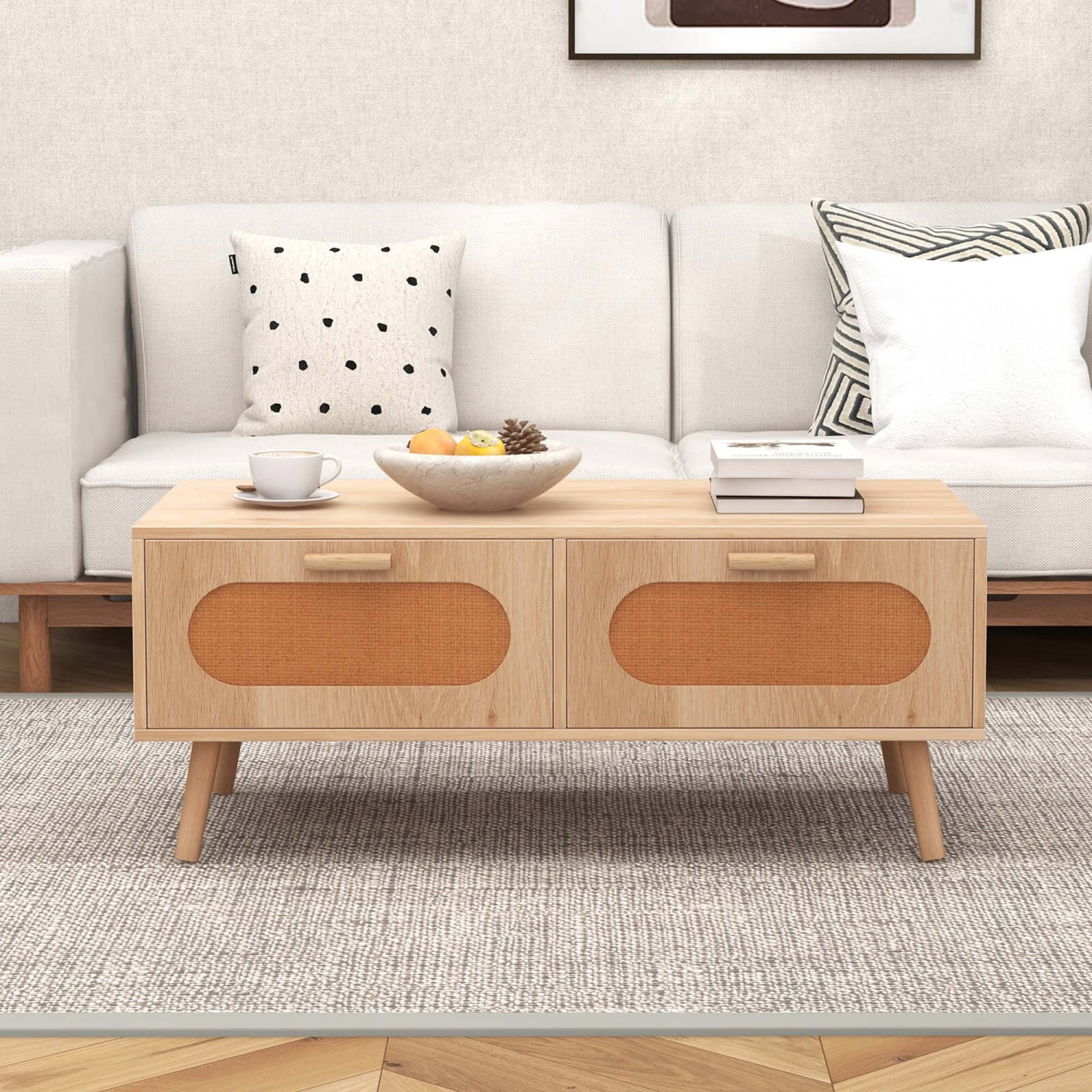 Costway Rattan Coffee Table Mid Century Modern Center Table with 2 Storage Drawers