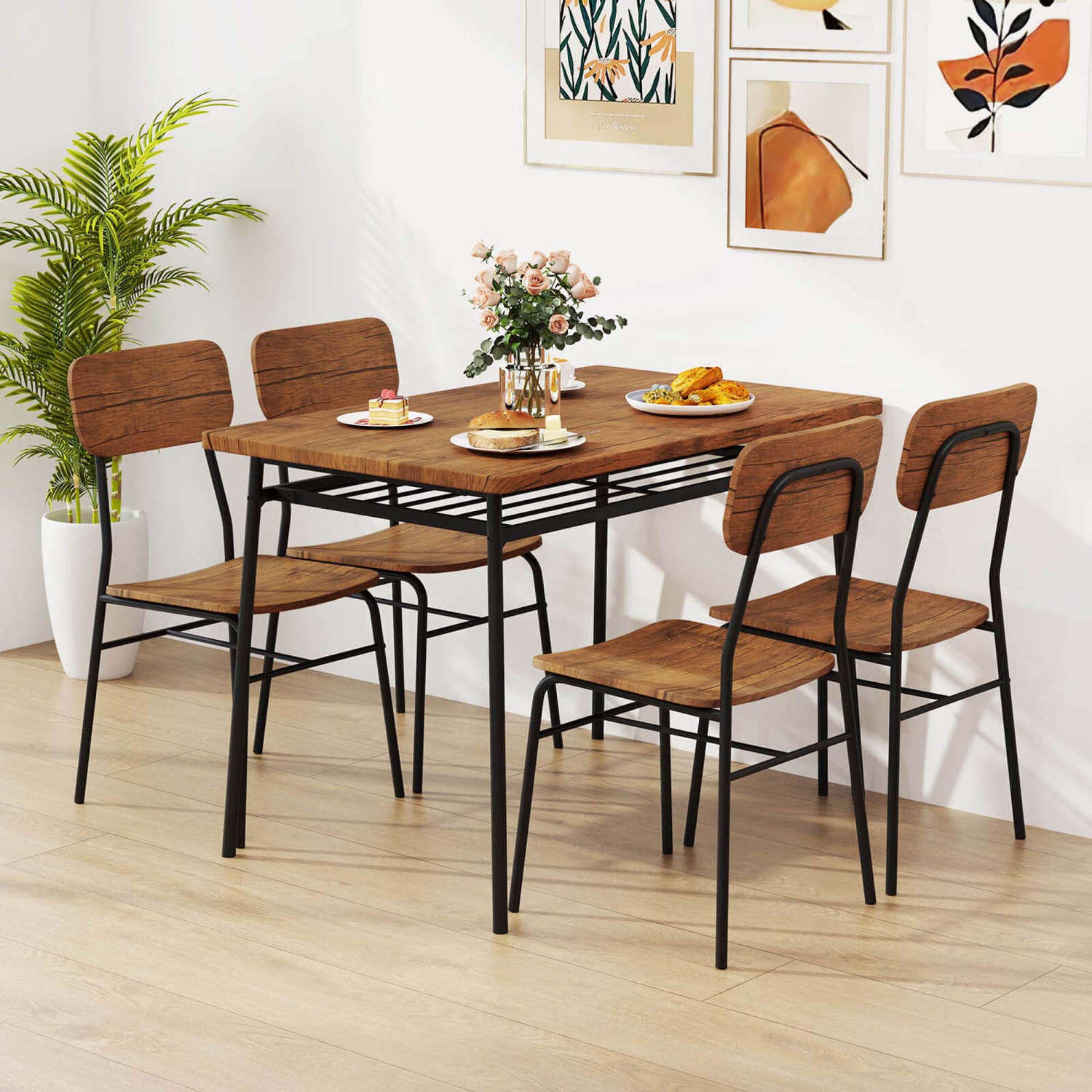 Costway 5 PCS Wood Square Kitchen Table & Chair Set with Metal Frame Storage Rack