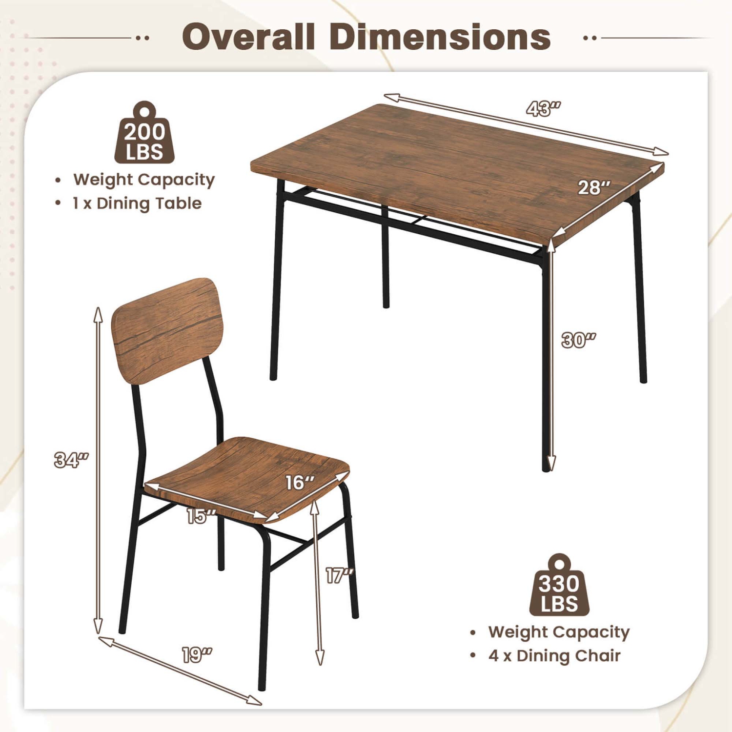 Costway 5 PCS Wood Square Kitchen Table & Chair Set with Metal Frame Storage Rack