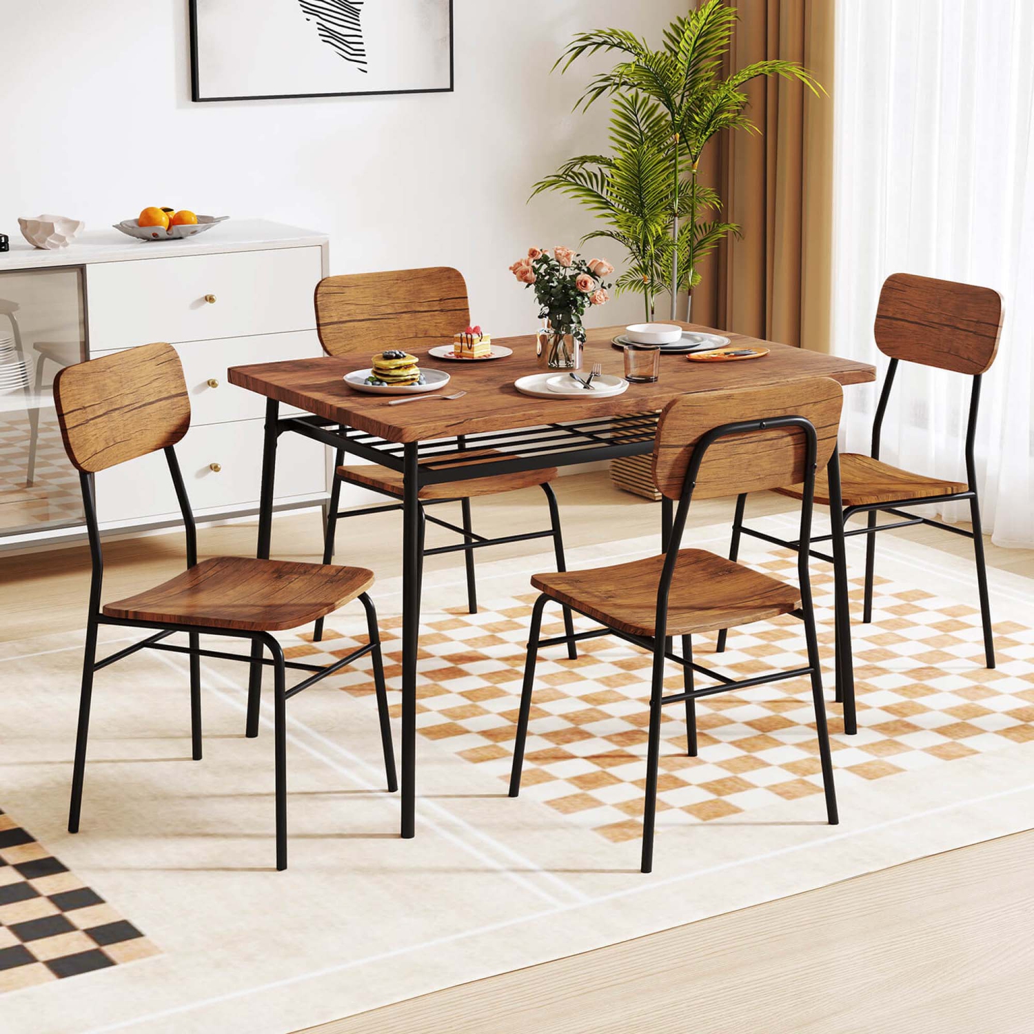 Costway 5 PCS Wood Square Kitchen Table & Chair Set with Metal Frame Storage Rack