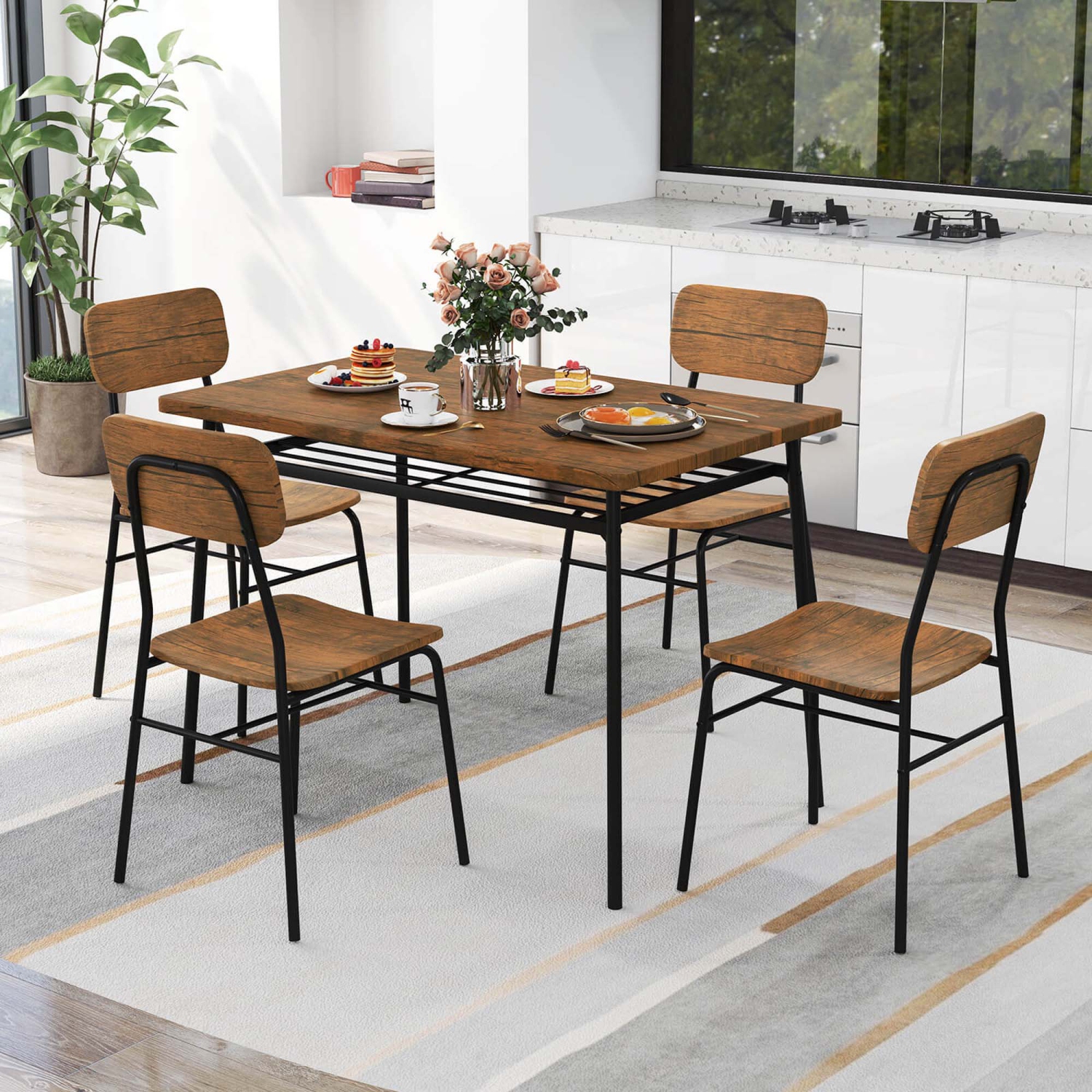 Costway 5 PCS Wood Square Kitchen Table & Chair Set with Metal Frame Storage Rack